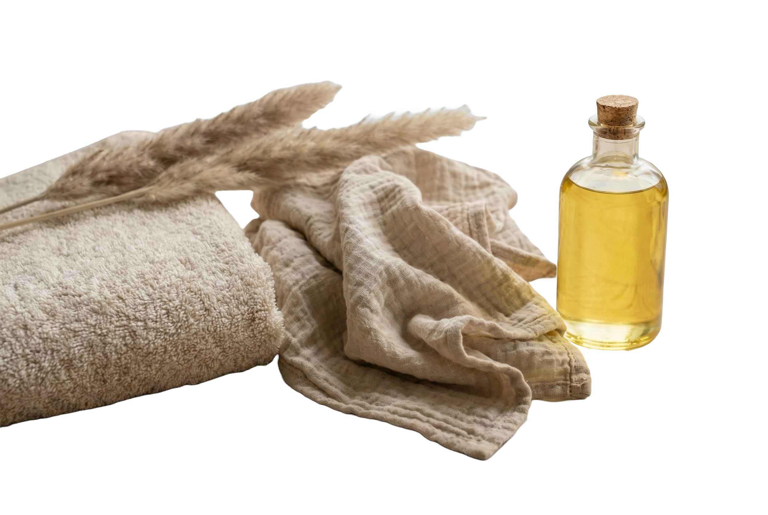 Alt-tekst: "Huidvriendelijke amandelolie en druivenpitolie voor babymassage bij Studio Groei Gent, gepresenteerd met zachte handdoeken en pampasgras in een rustgevende setting.