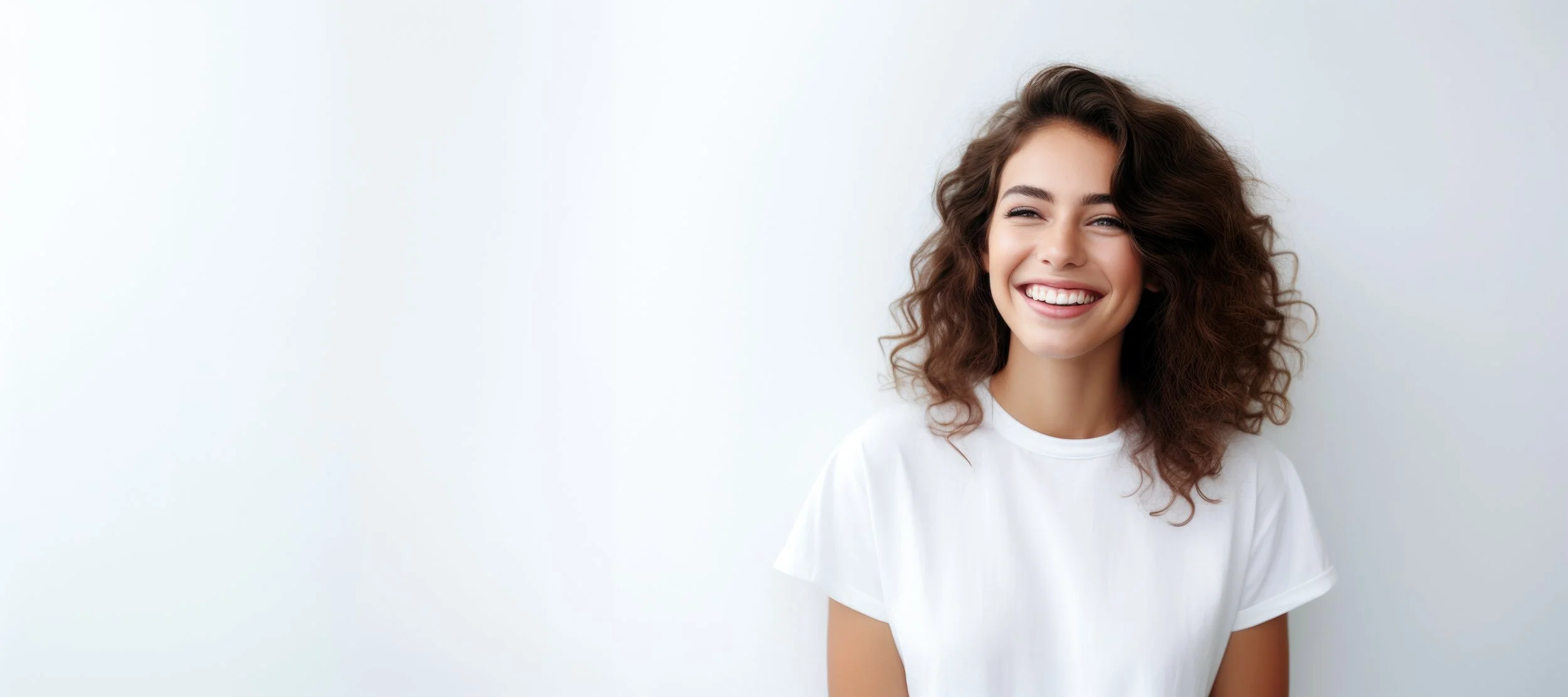 A smiling young woman with curly brown hair wearing a white T-shirt, standing against a light gray wall.