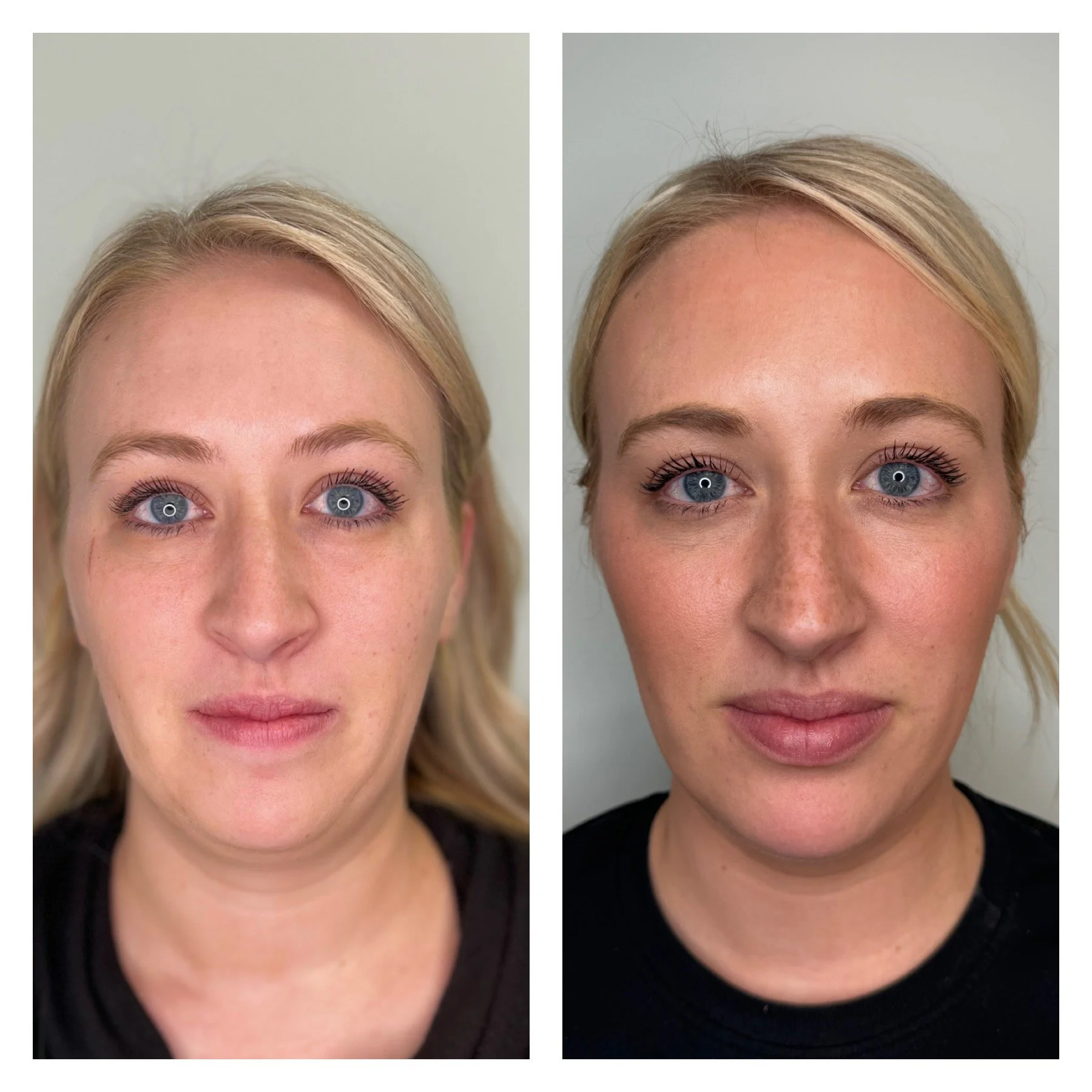 Side-by-side comparison of a woman's face before and after a treatment or makeup application. The left image shows her with minimal makeup and natural skin, while the right image shows her with enhanced makeup, including mascara and possibly foundation, with a slightly more tanned complexion.