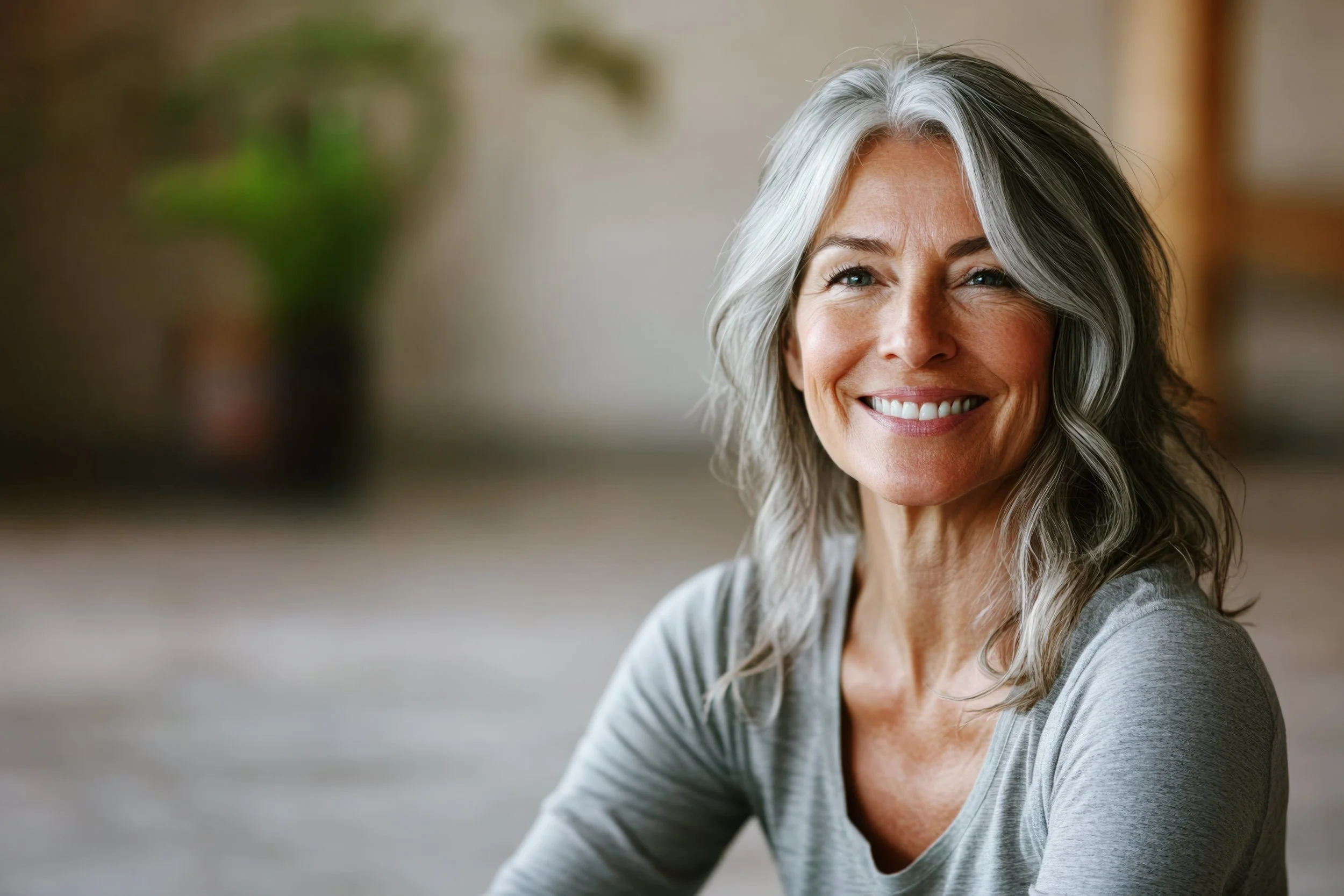 A smiling senior woman with long gray hair sitting indoors, background with blurred green plant.