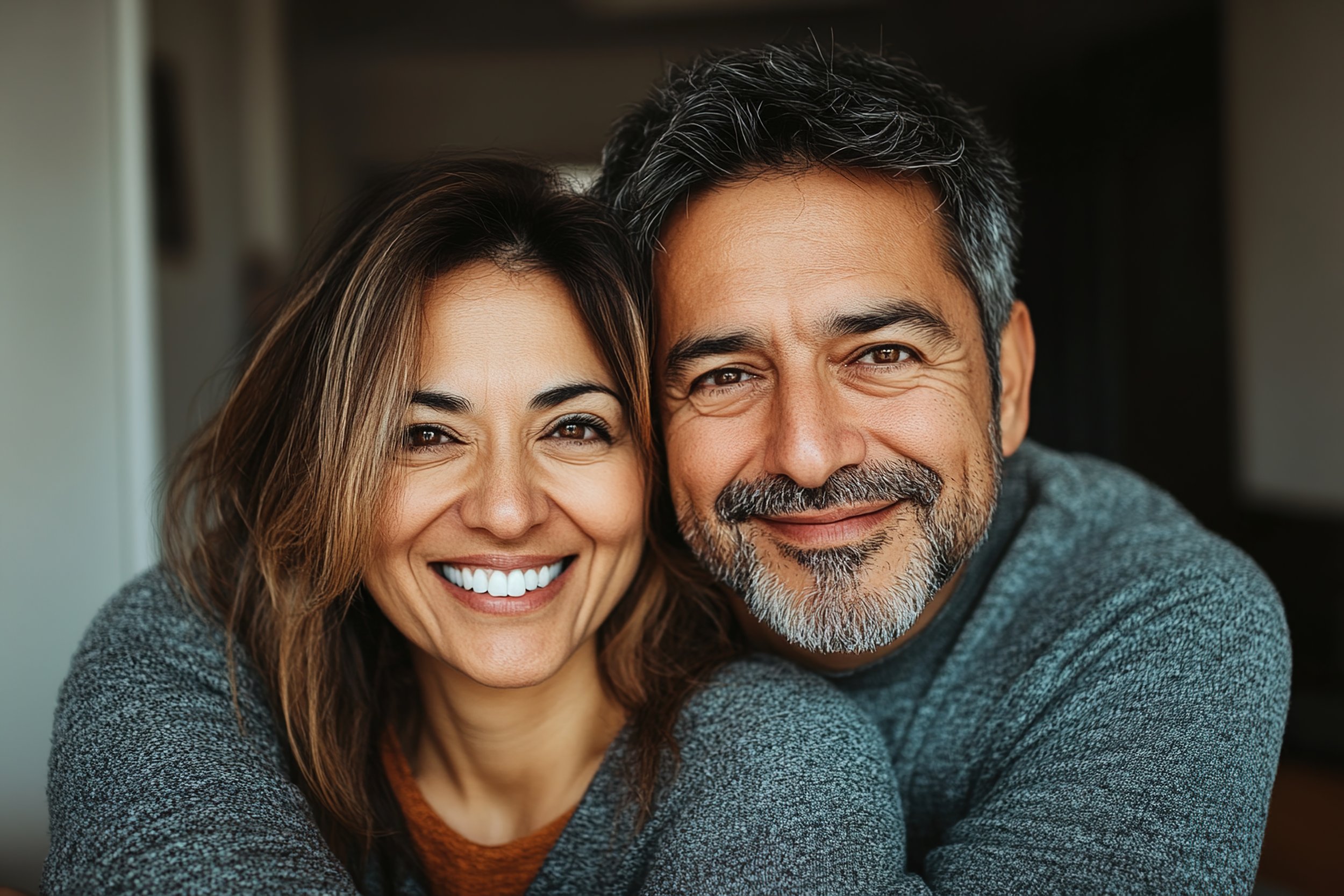 A smiling middle-aged couple, a woman with shoulder-length brown hair and a man with short salt-and-pepper hair, close together indoors.
