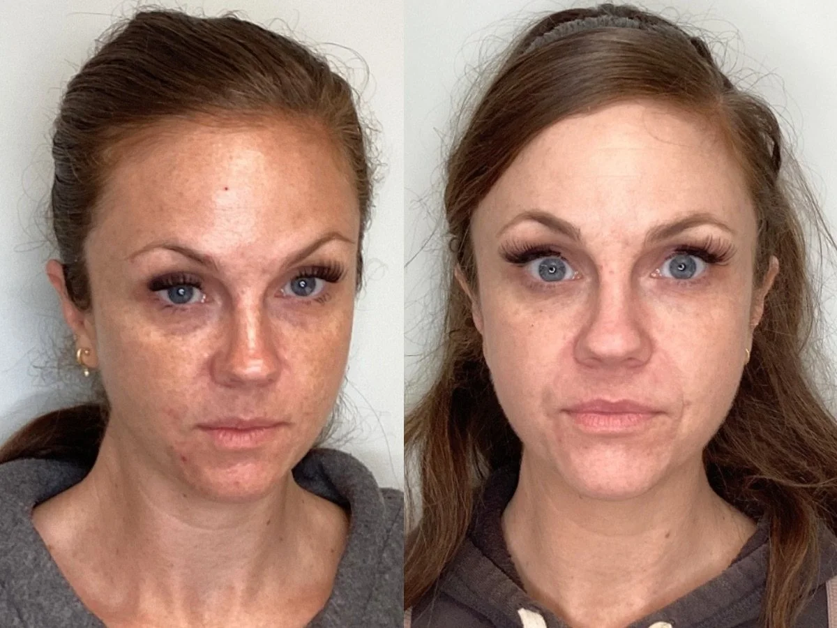 Side-by-side comparison of a woman before and after skincare or makeup application, showing clearer skin and enhanced makeup in the after photo.