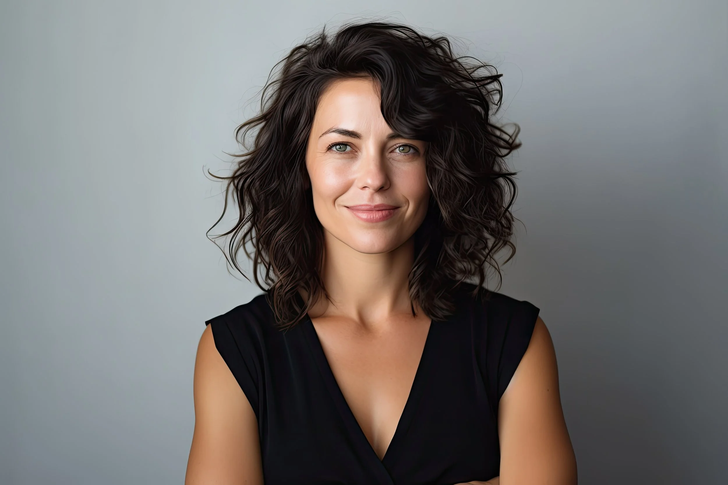 A woman with shoulder-length curly dark hair and light skin, wearing a black sleeveless top, smiles softly at the camera in front of a plain gray background.