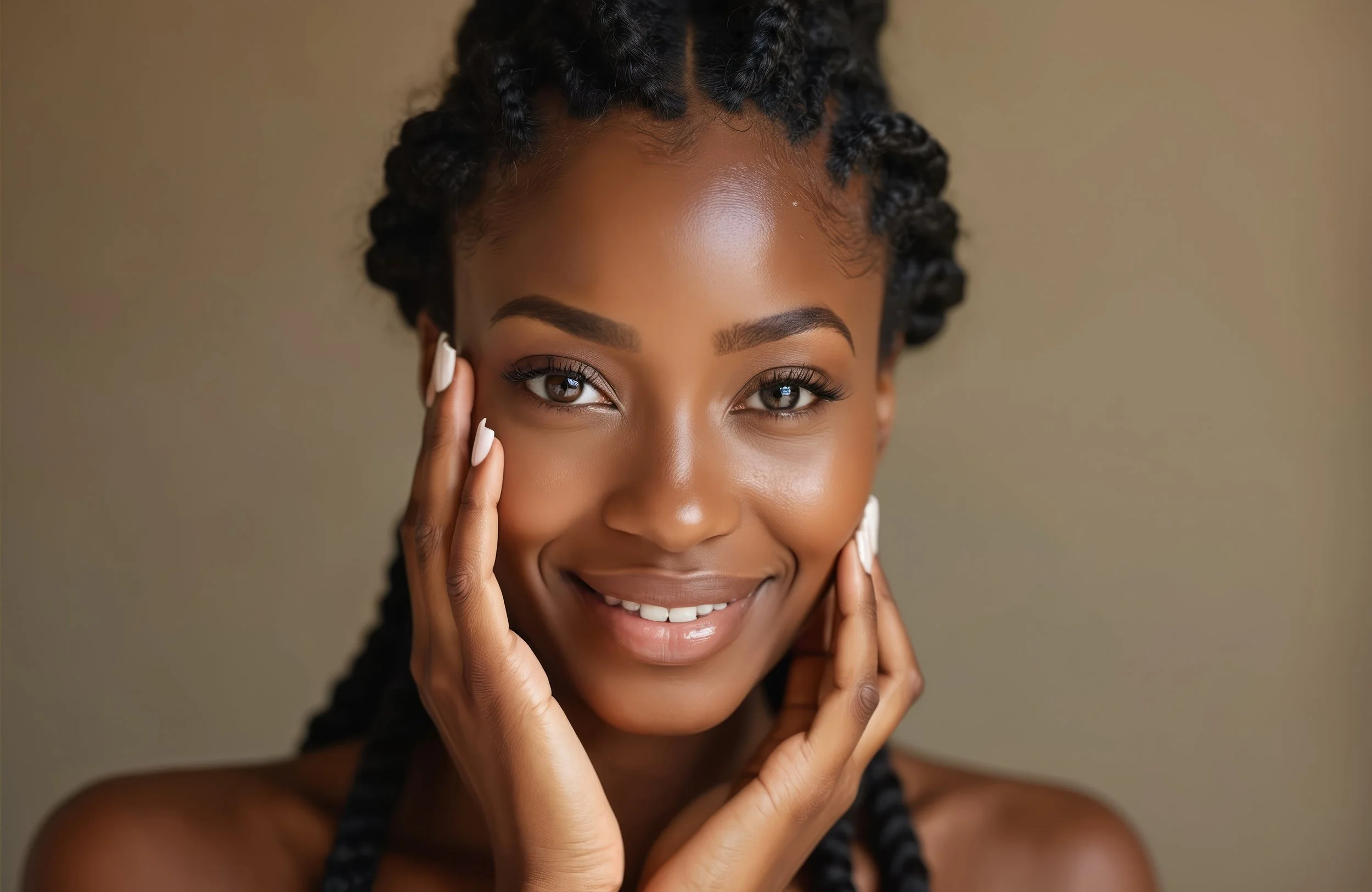Close-up of a smiling woman with natural makeup, wearing braids, touching her face gently with both hands, against a neutral background.