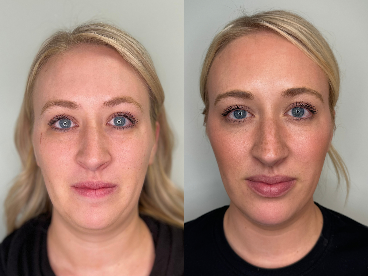 Side-by-side comparison of a woman's face before and after a treatment or makeup application. The left image shows her with minimal makeup and natural skin, while the right image shows her with enhanced makeup, including mascara and possibly foundation, with a slightly more tanned complexion.