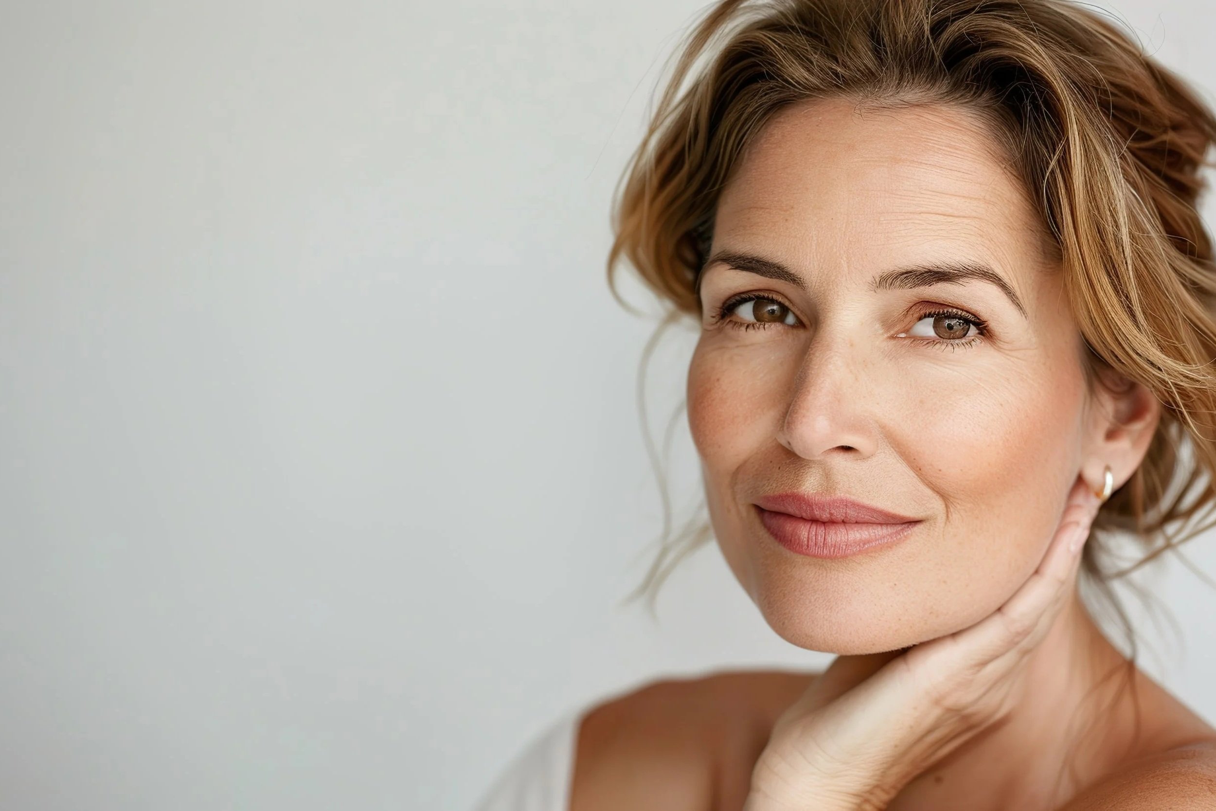 Close-up portrait of a woman with short wavy blonde hair, light makeup, and a gentle smile, touching her face with her right hand.