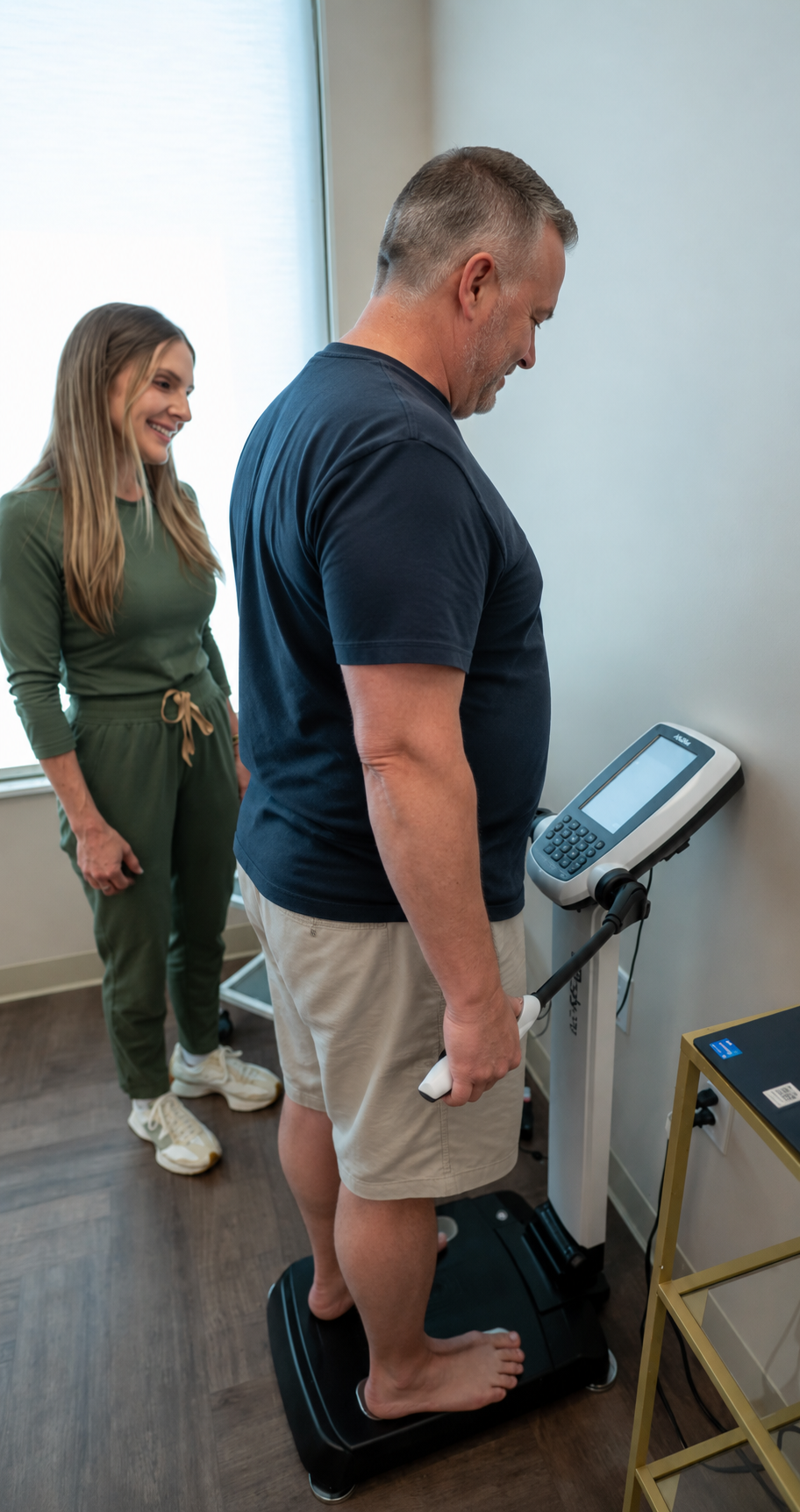 A man standing on a body composition analyzer machine while holding its handle, with a woman smiling and watching him in a room with a window.