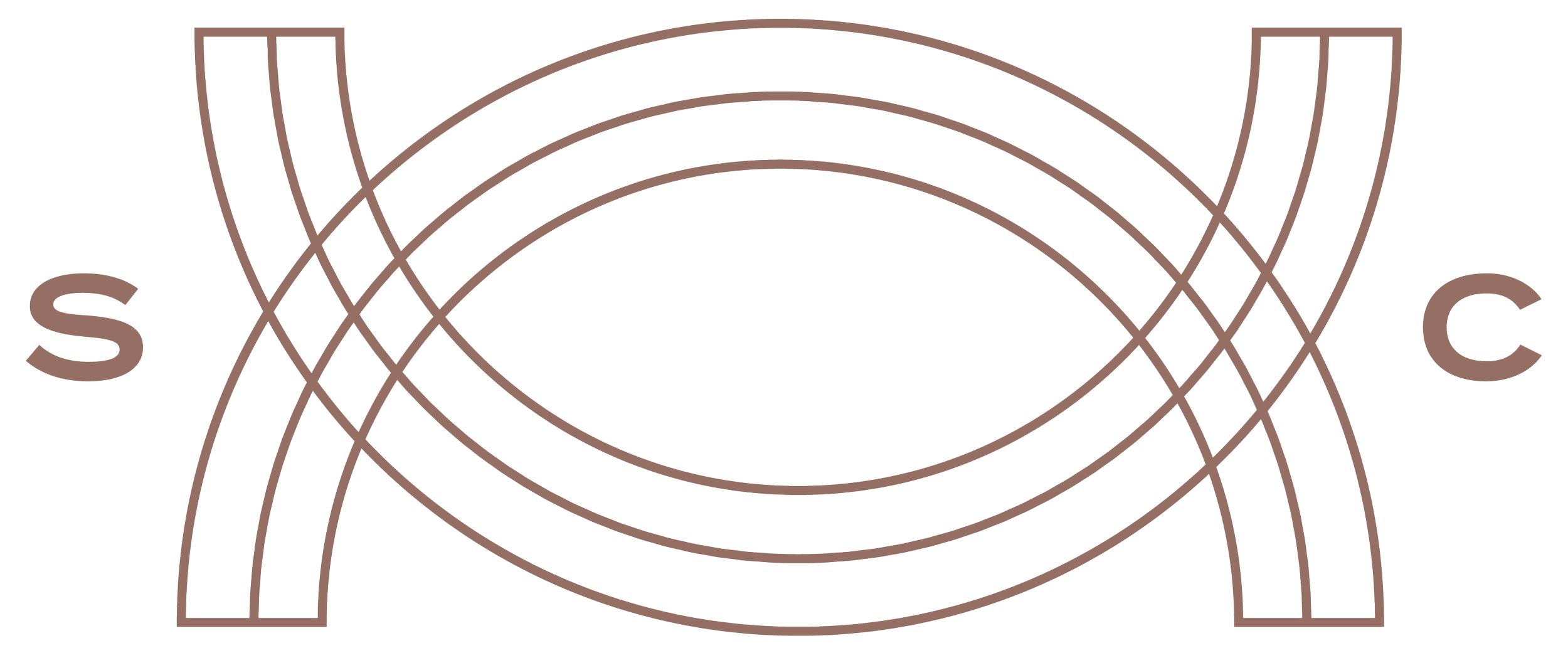 A diagram illustrating the concept of catenary curves, with arms labeled 'S' on the left and 'C' on the right.