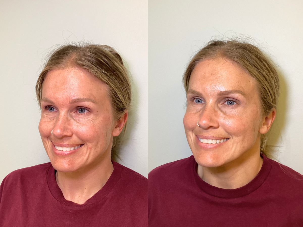 Side-by-side comparison of a woman with minimal makeup on the left and more makeup on the right, smiling in both images, wearing a burgundy shirt, with blonde hair and a nose ring, against a plain light-colored wall.