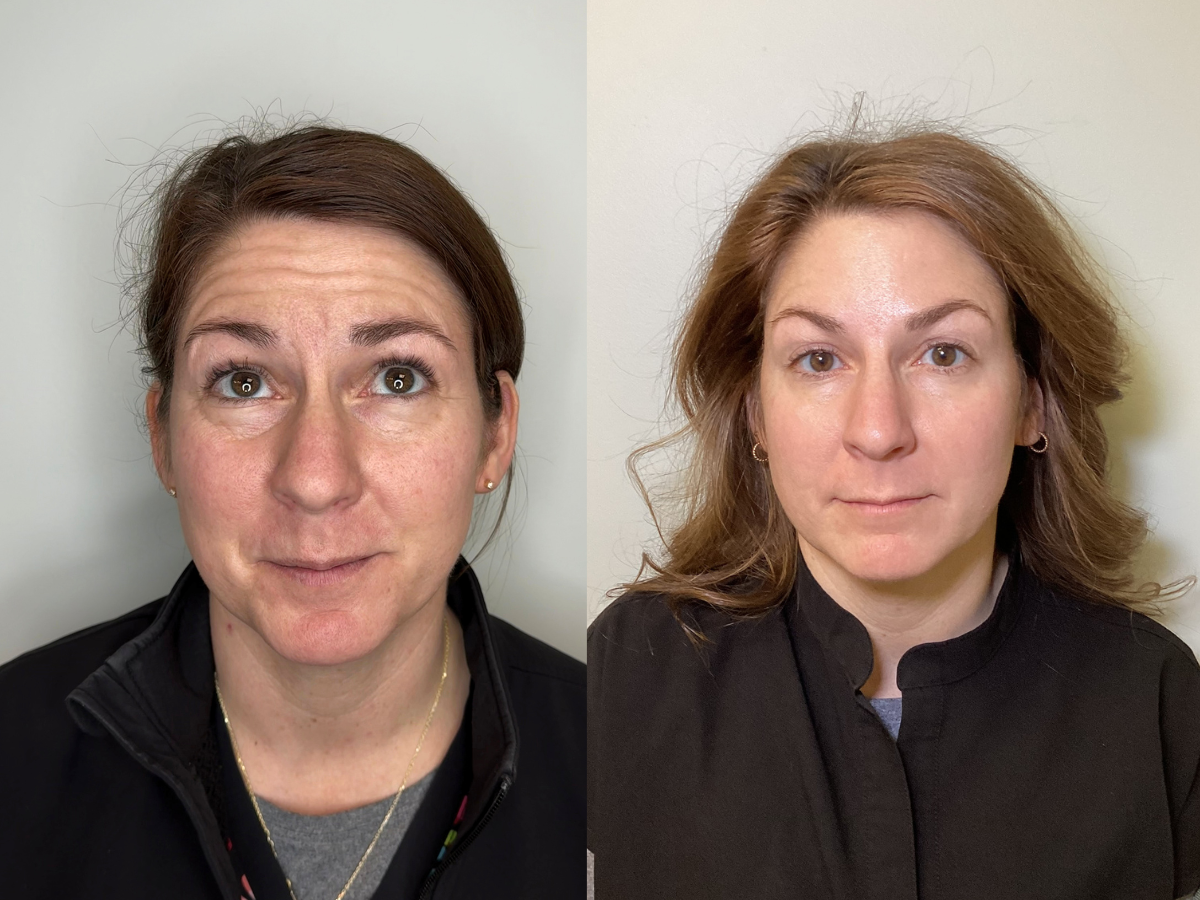 Side-by-side photos of a woman before and after a makeover; left shows a woman with dark brown hair, minimal makeup, and casual clothing, looking upward, and right shows her with lighter, styled hair, no makeup, and a more refined look, facing forward.