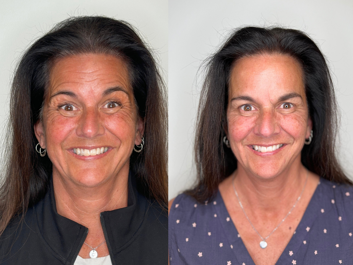 Comparison of two women smiling, with long dark hair and earrings, in front of a plain light background.