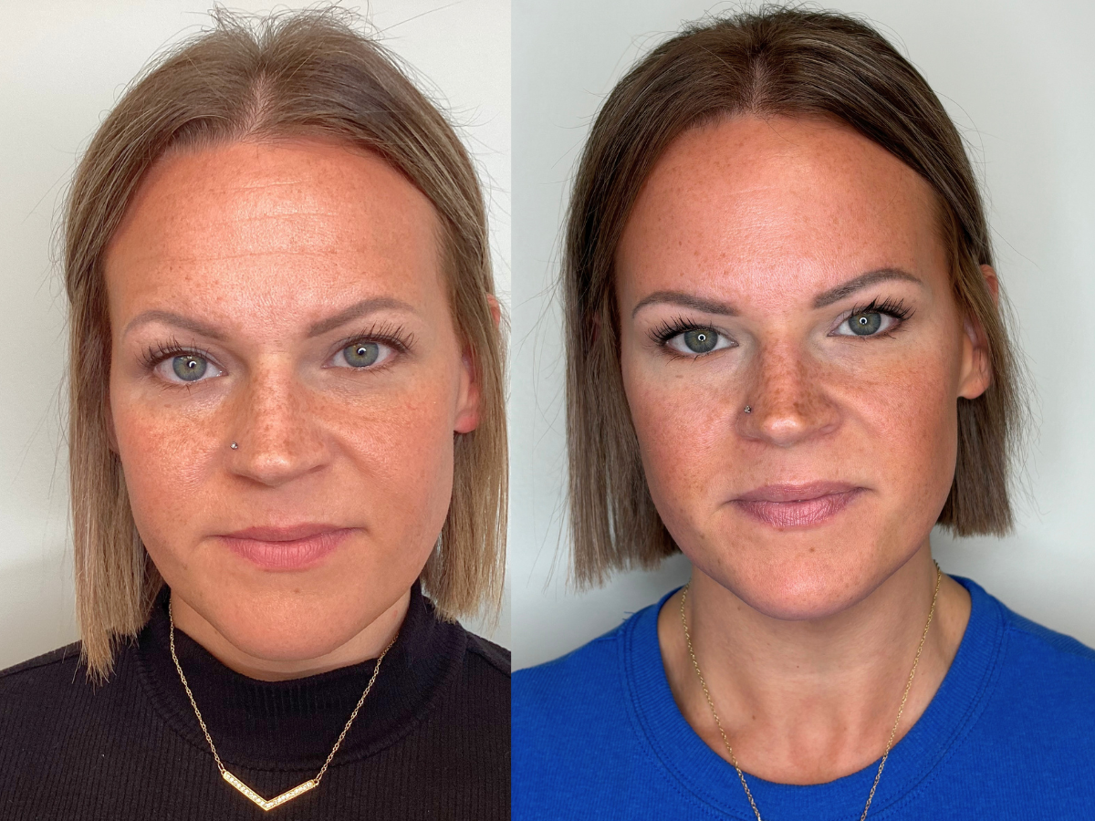 Side-by-side comparison of a woman with light brown hair and freckles, wearing a black top and gold necklace, before and after makeup application, with the woman wearing a blue top in the after photo.