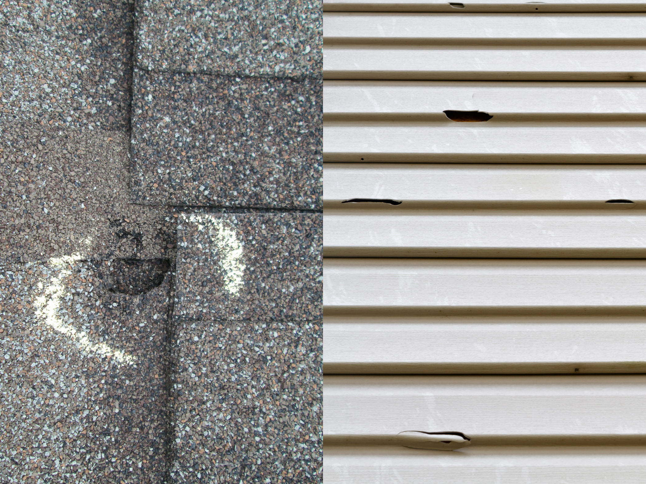 The shingles and siding have been damaged by hail.