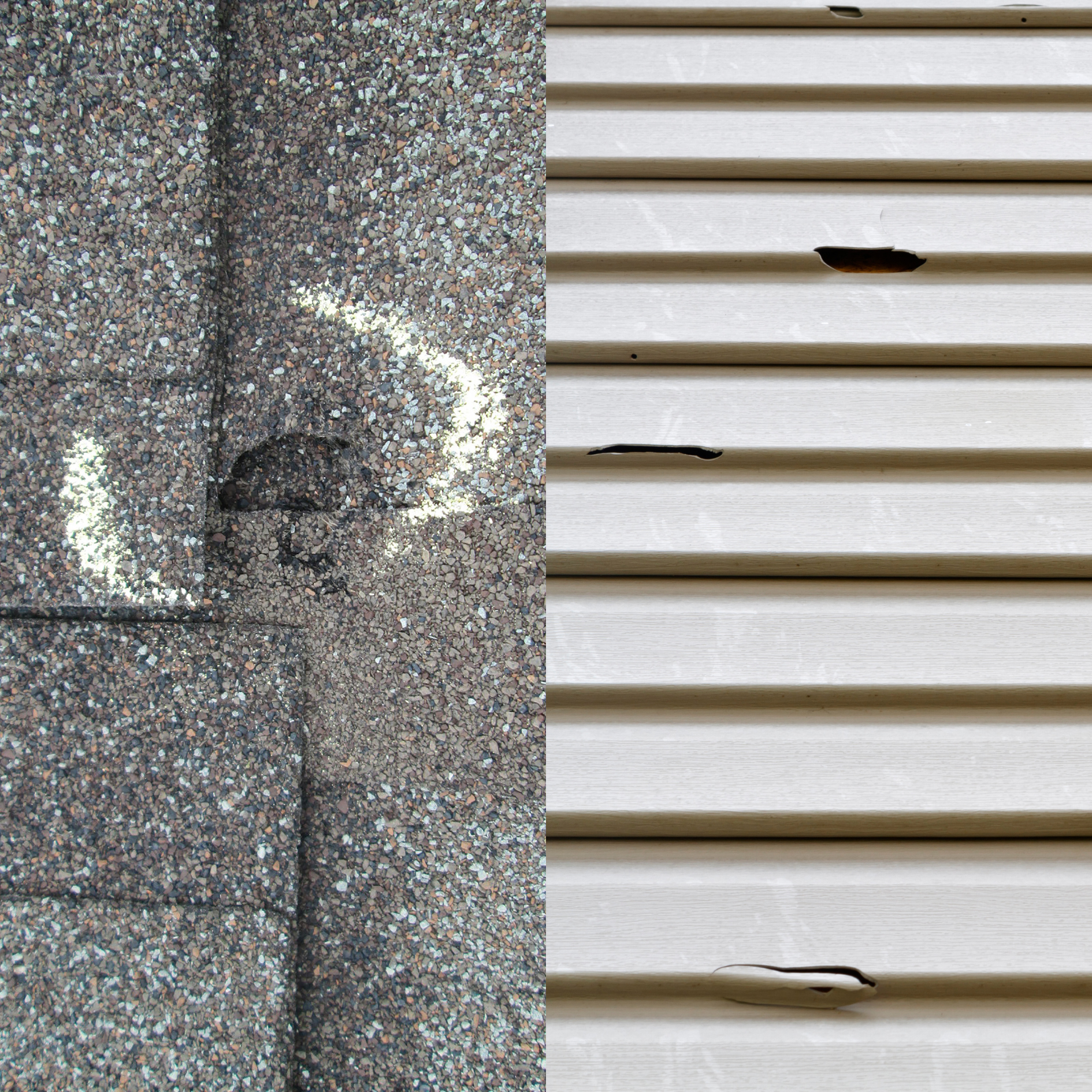 The roof shingles and siding both show hail damage.