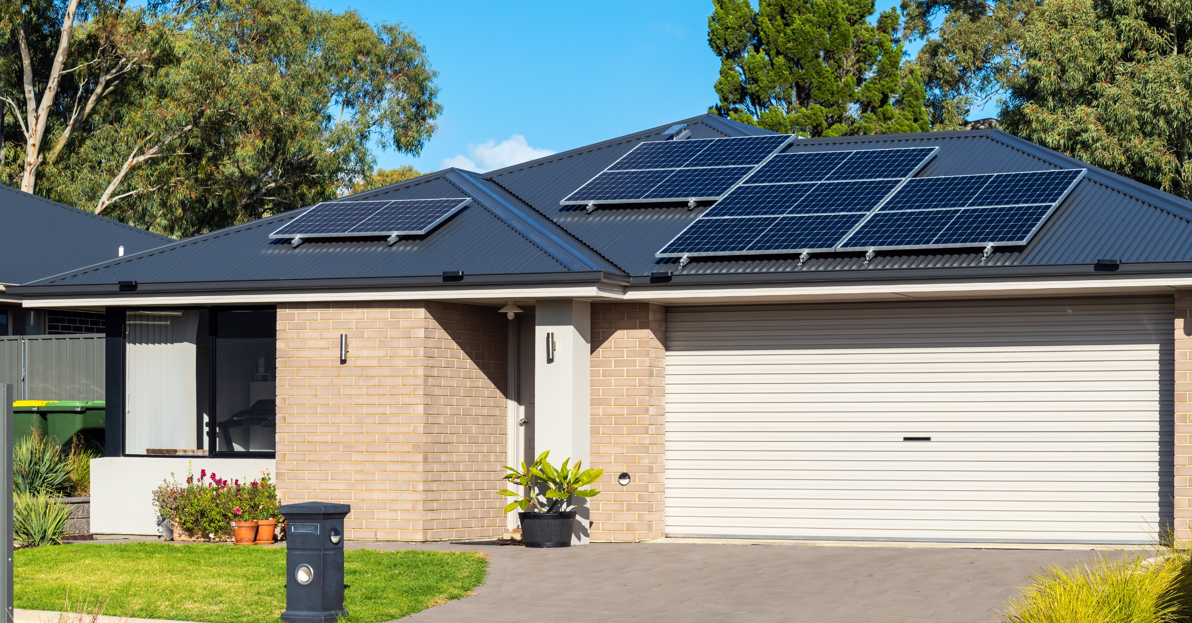 This home includes solar panels on the roof for green energy.