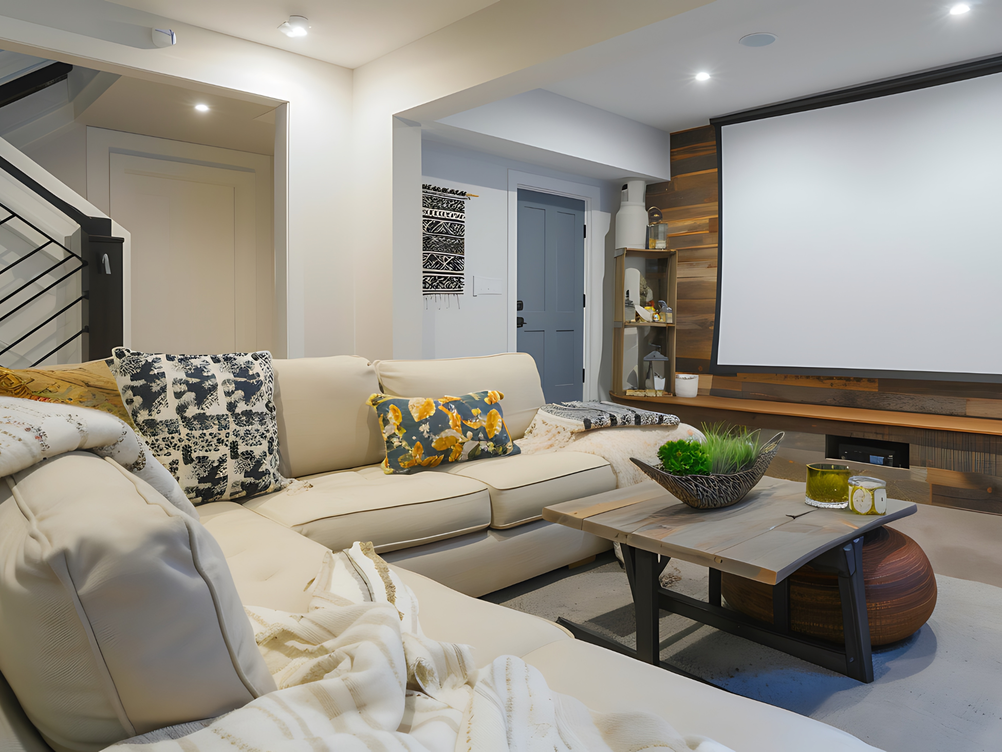 This cozy living space is in a finished basement.
