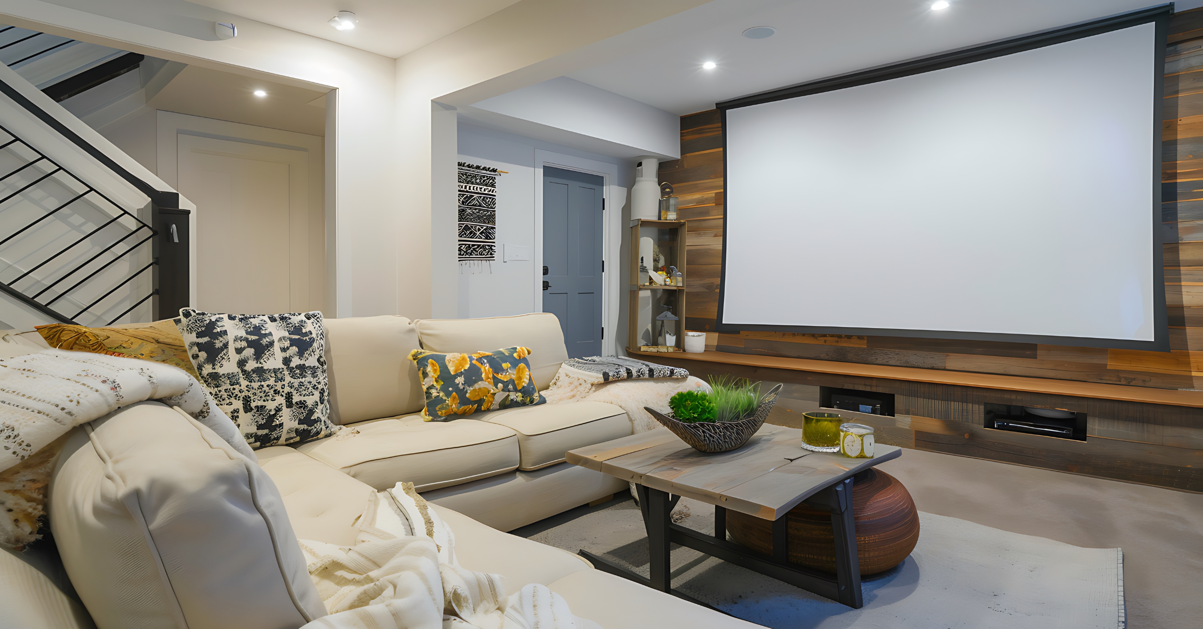 This cozy living room in part of a finished basement.