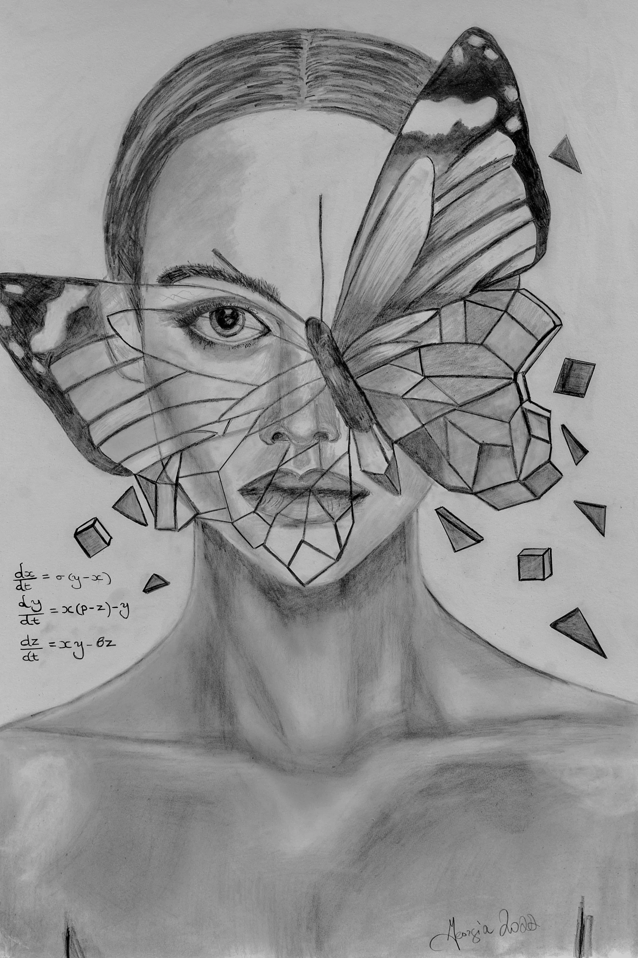 A black-and-white drawing of a woman's face with a butterfly covering part of it, along with geometric shapes and mathematical equations.