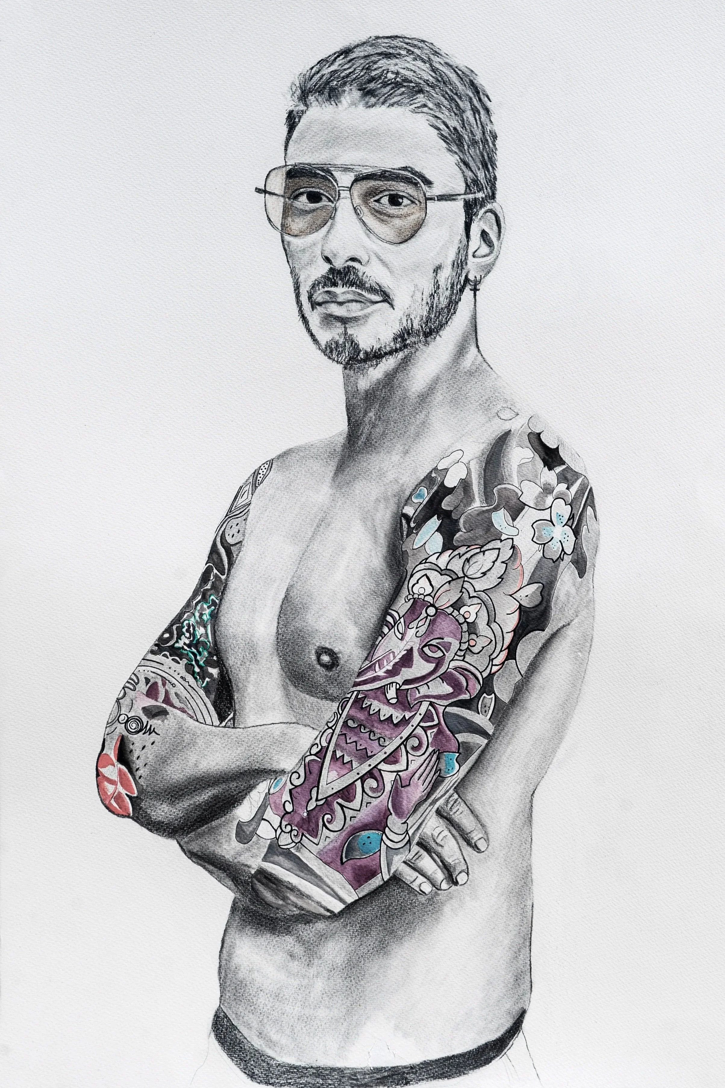 A black-and-white pencil drawing of a man with tattoos, wearing sunglasses, with arms crossed.