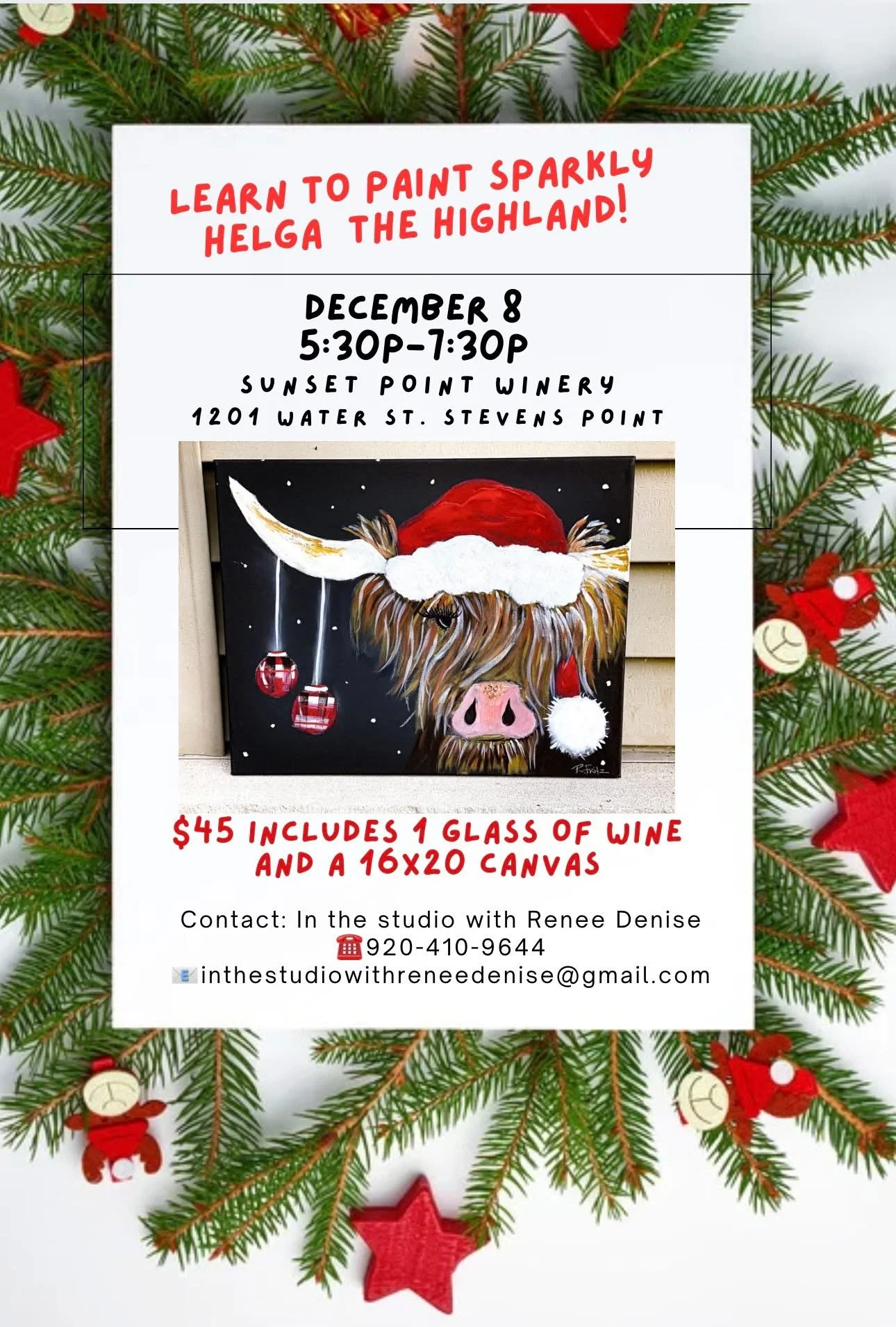 Learn to paint sparkly Helga the highland cow at Sunset Point Winery!