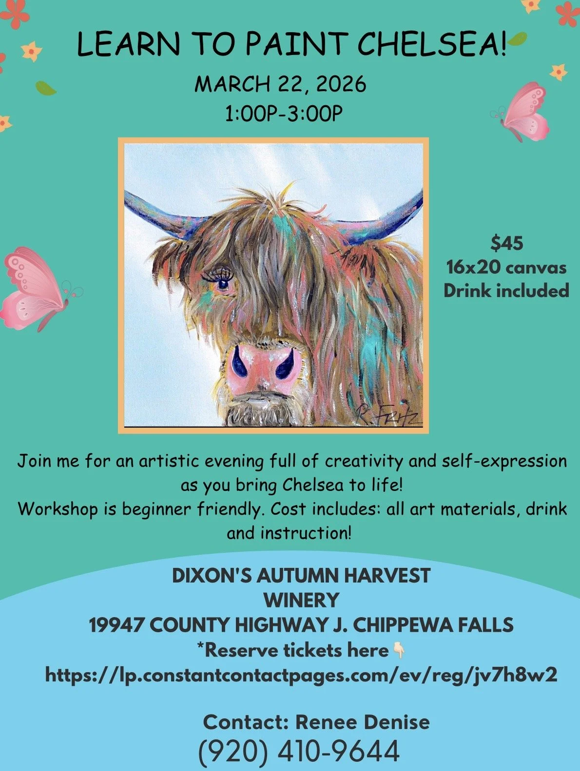 Learn to paint Chelsea the highland cow at Dixon's Autumn Harvest Winery! 