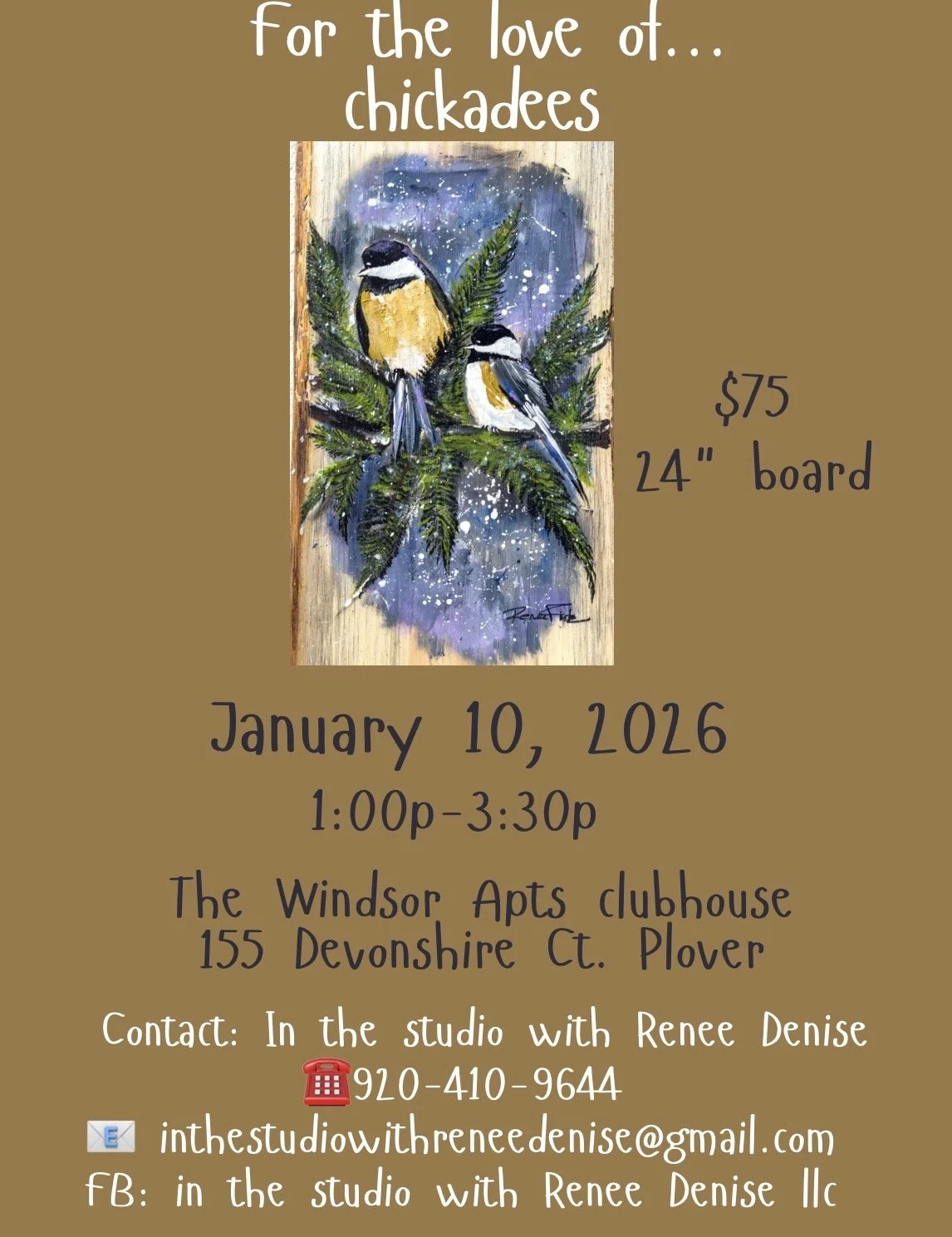 For the love of chickadees painting on a Live edge board at The Windsor Apartments clubhouse in Plover! 