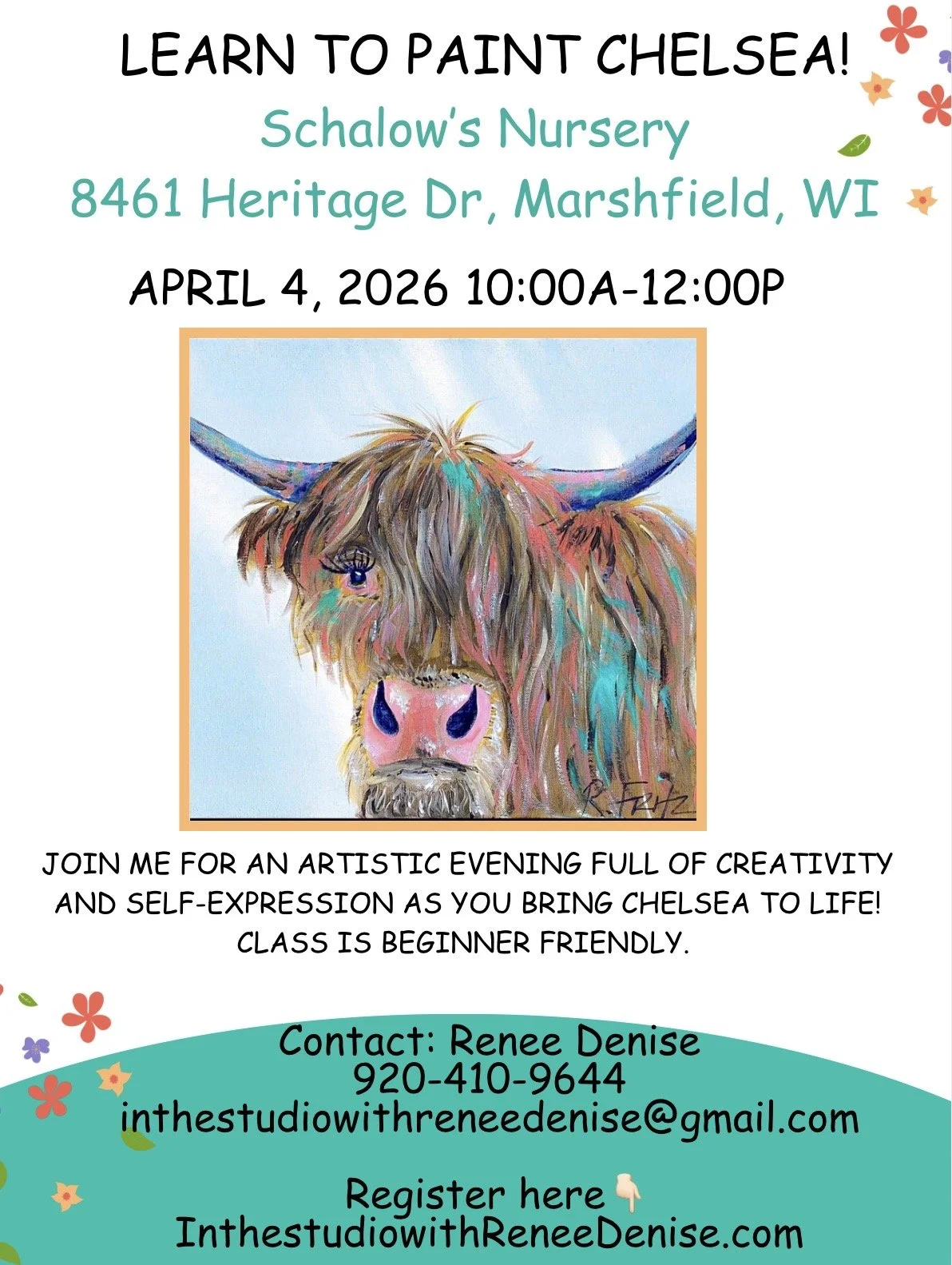 Learn to paint Chelsea the highland cow at Schalow’s Nursery!