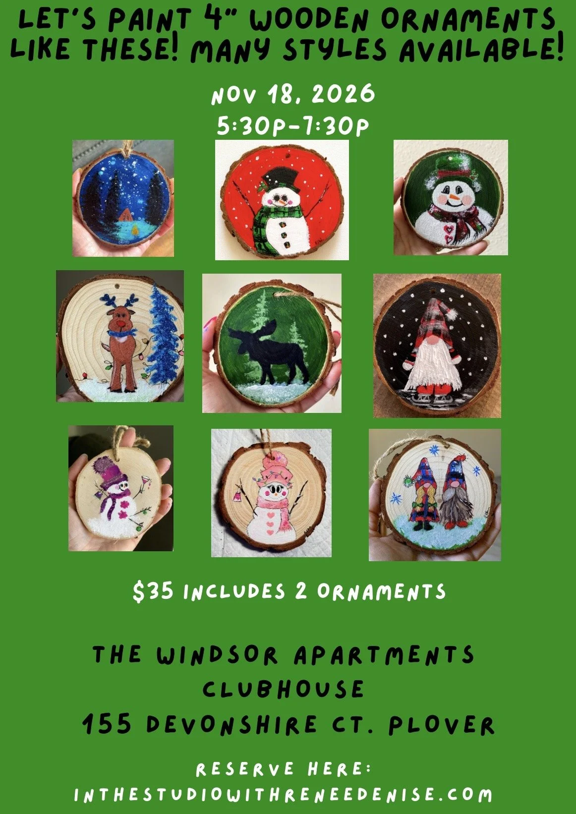 Let’s paint 4” wooden ornaments! 