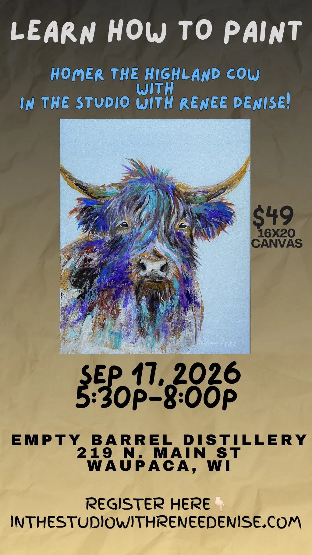 Learn to paint Homer the highland at Empty Barrell Distillery in Waupaca!