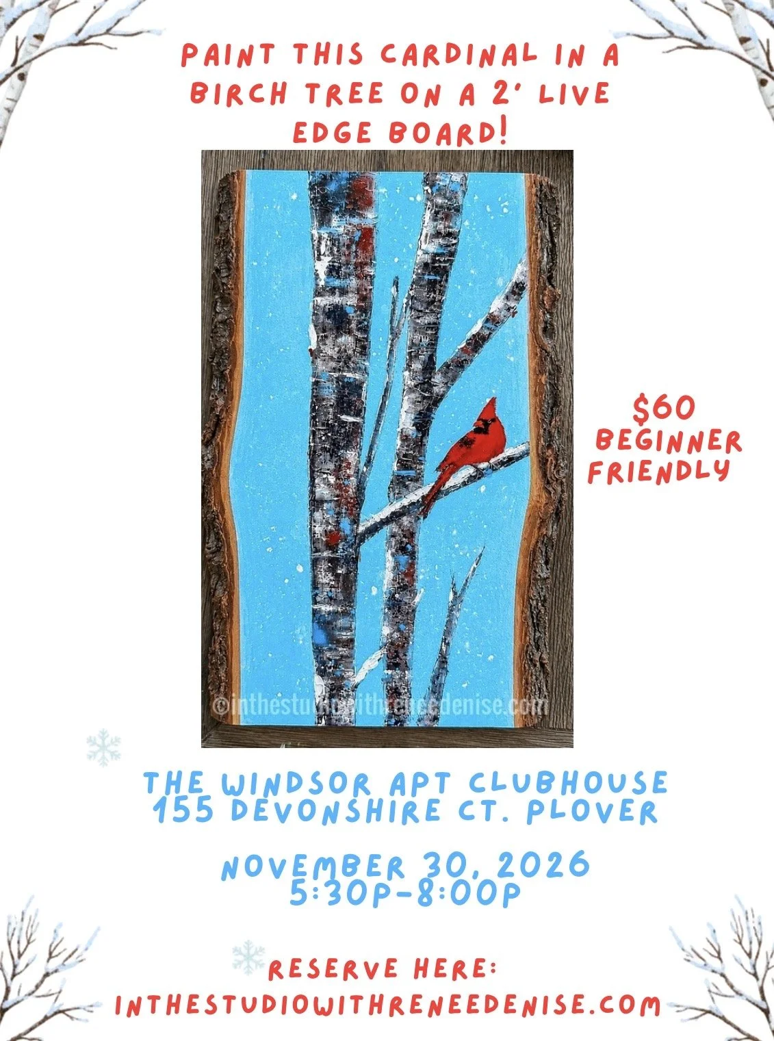 Paint this cardinal in a birch tree on a 2’ live edge board!