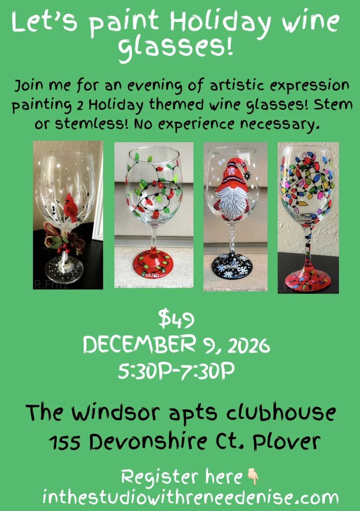 Let’s paint 2  Holiday wine glasses in Plover!