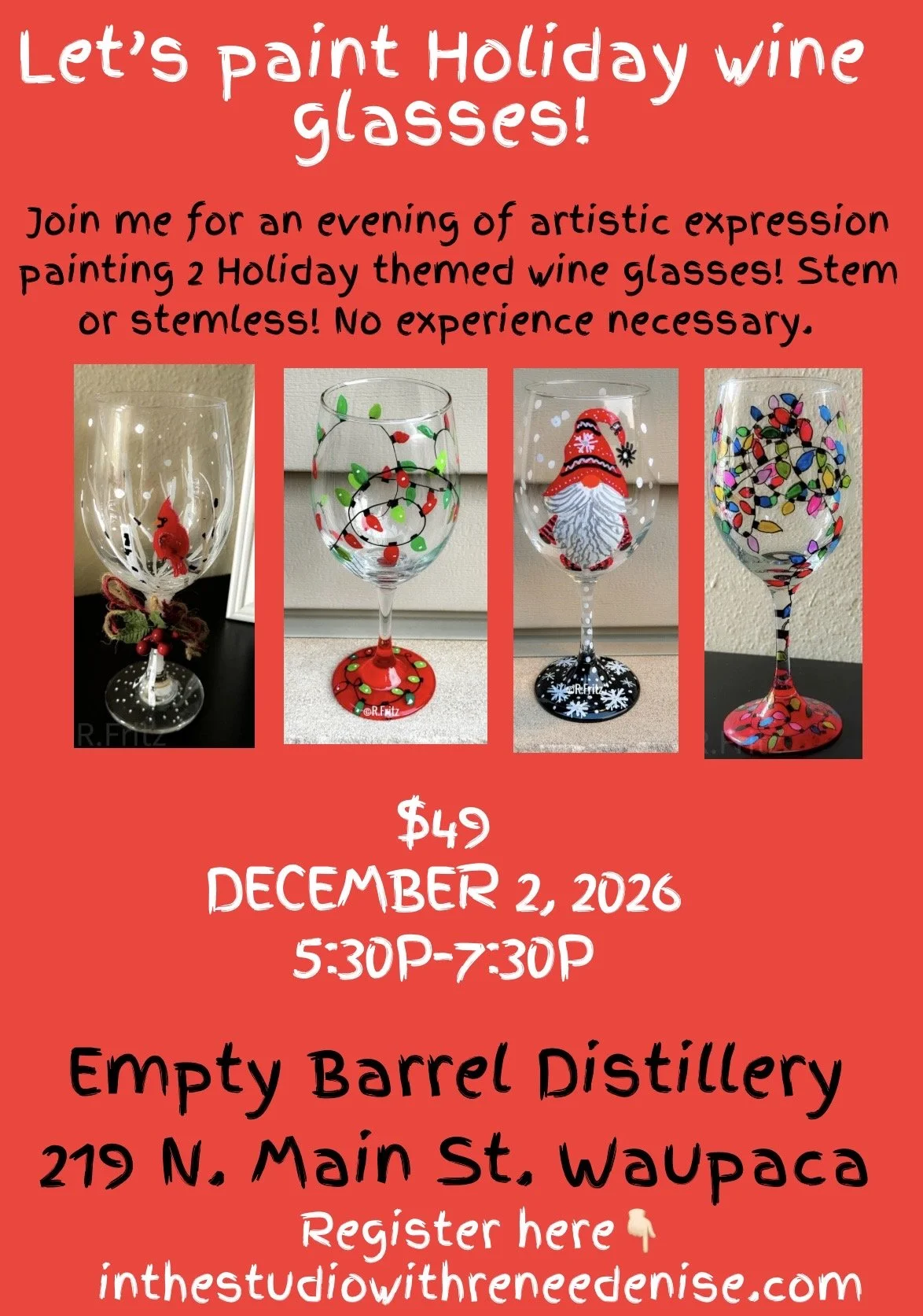 Let’s paint  2 Holiday wine glasses at Empty Barrel Distillery in Waupaca!