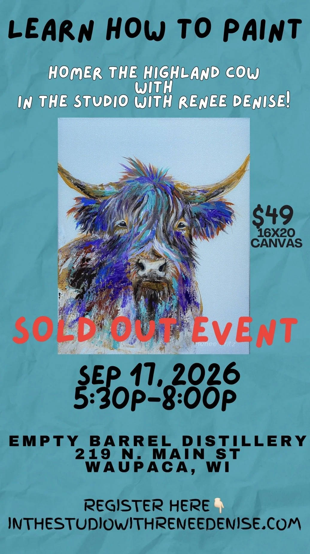 Learn to paint Homer the highland at Empty Barrell Distillery in Waupaca!