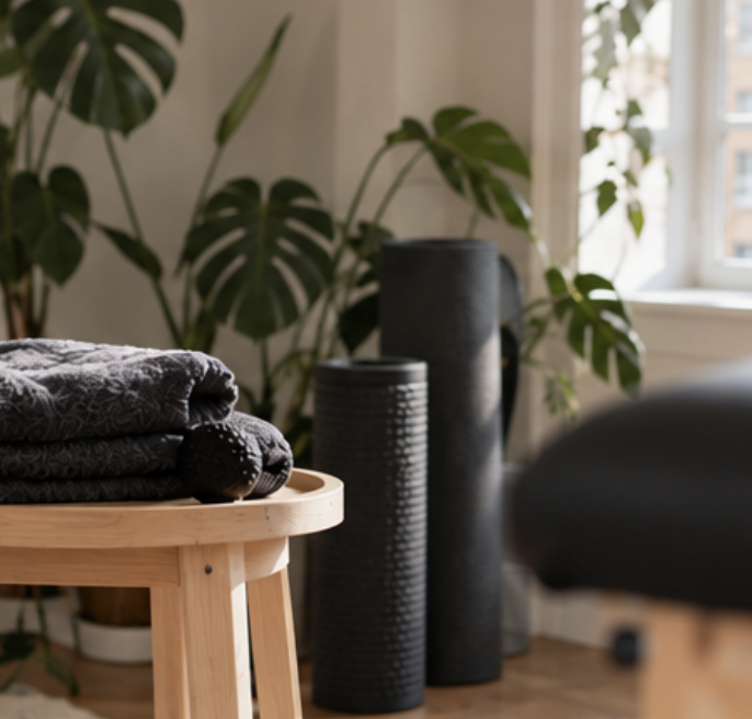 Stacked folded towels on a wooden table in a room with large green leafy plants and a window.