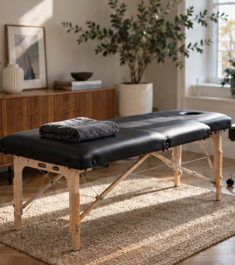 A massage table with a folded gray towel on top is in a room with natural light, a wooden sideboard, a potted plant, and framed artwork on the wall.