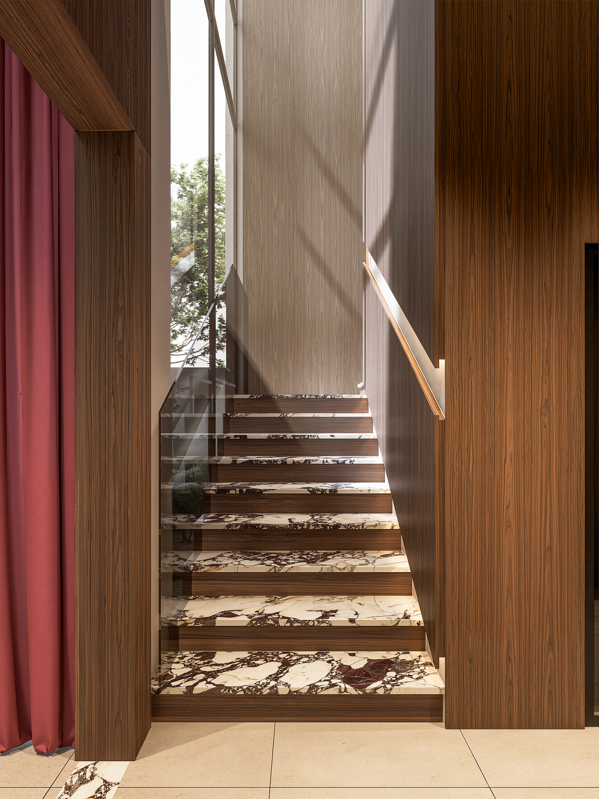 Interior view of a modern staircase with marble steps, wooden side panels, and natural light streaming in through large windows, with a red curtain on the left.