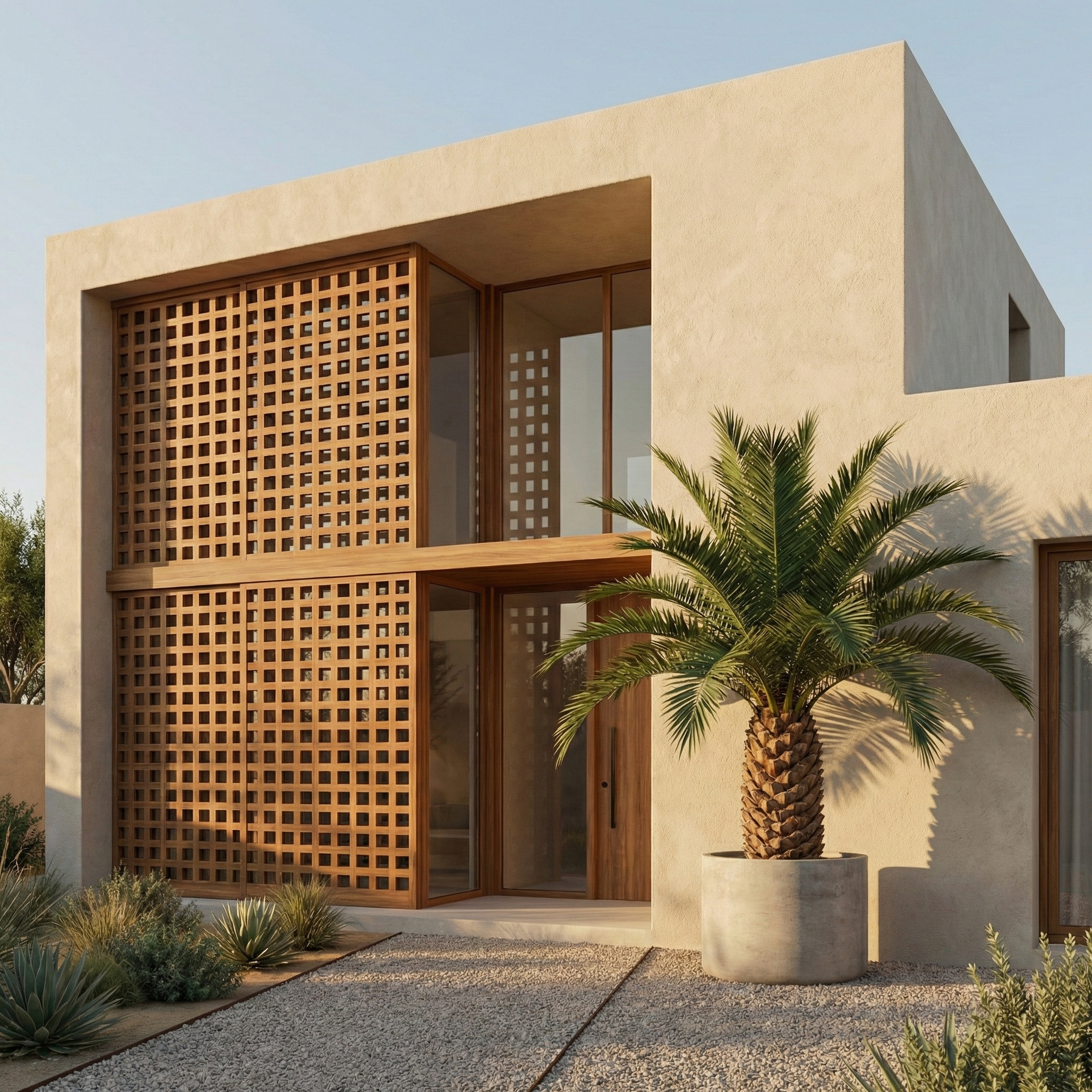 Modern house with beige exterior walls, wooden lattice accents, large windows, a potted palm tree, and desert-style landscaping.