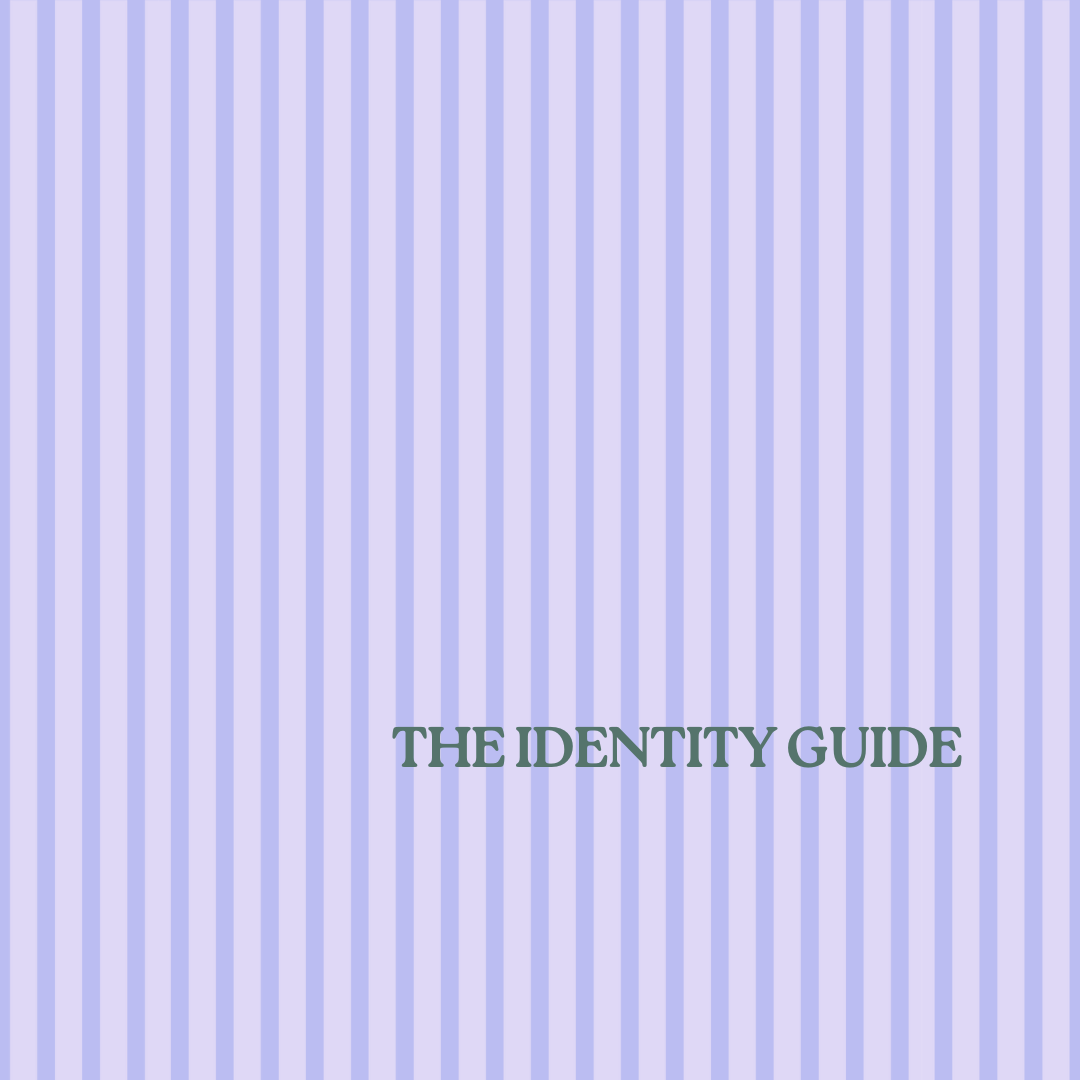 Cover of a guidebook titled 'The Identity Guide' with a background of vertical light purple and white stripes.