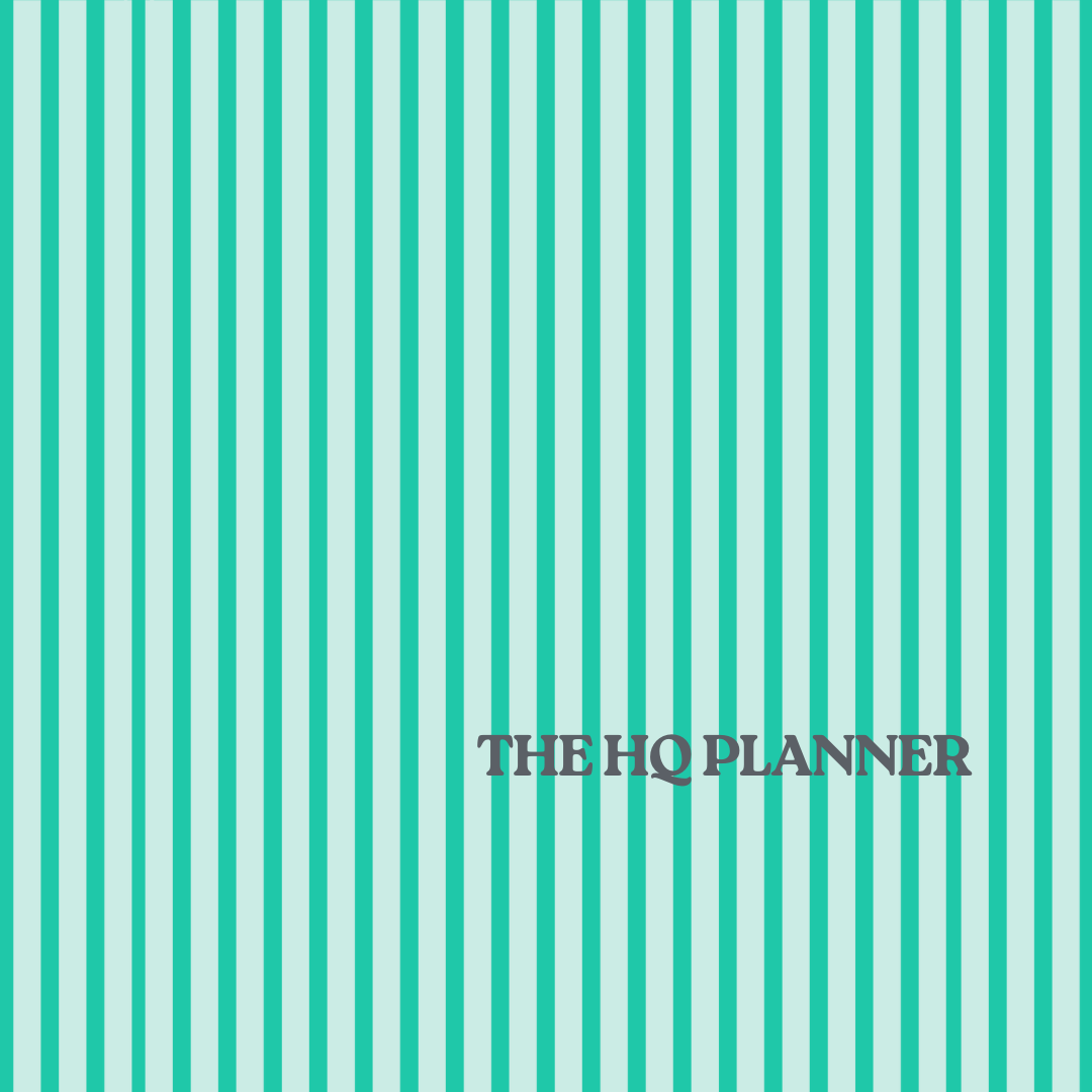 Cover of a planner with teal and light blue vertical stripes and the text 'The HQ Planner' in the center.
