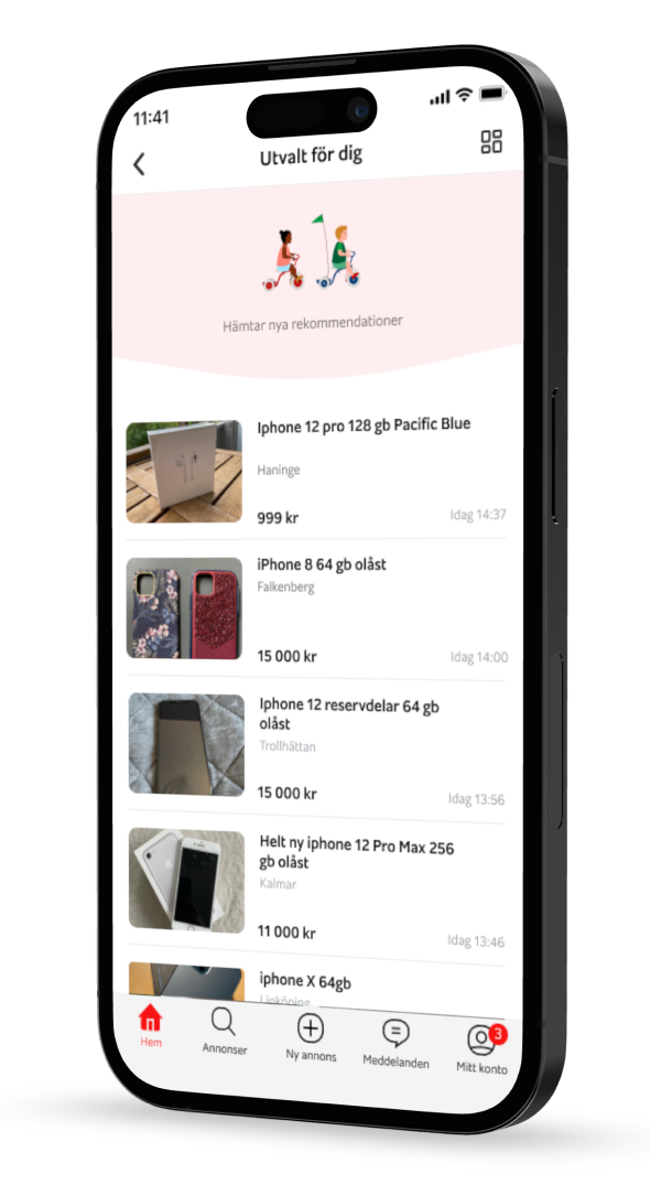 A smartphone screen displaying a Swedish buying and selling app with listings for various iPhones including models such as iPhone 12 Pro and iPhone 8. The app shows prices in Swedish Krona and includes icons for home, search, adding a new listing, messages, and user account at the bottom.