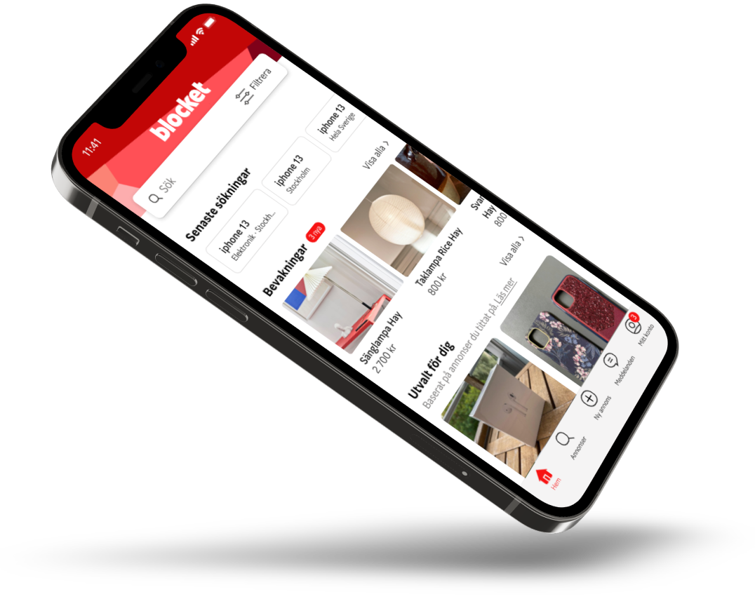 Smartphone displaying the Blocket app with listings for secondhand furniture, electronics, and accessories in Swedish.