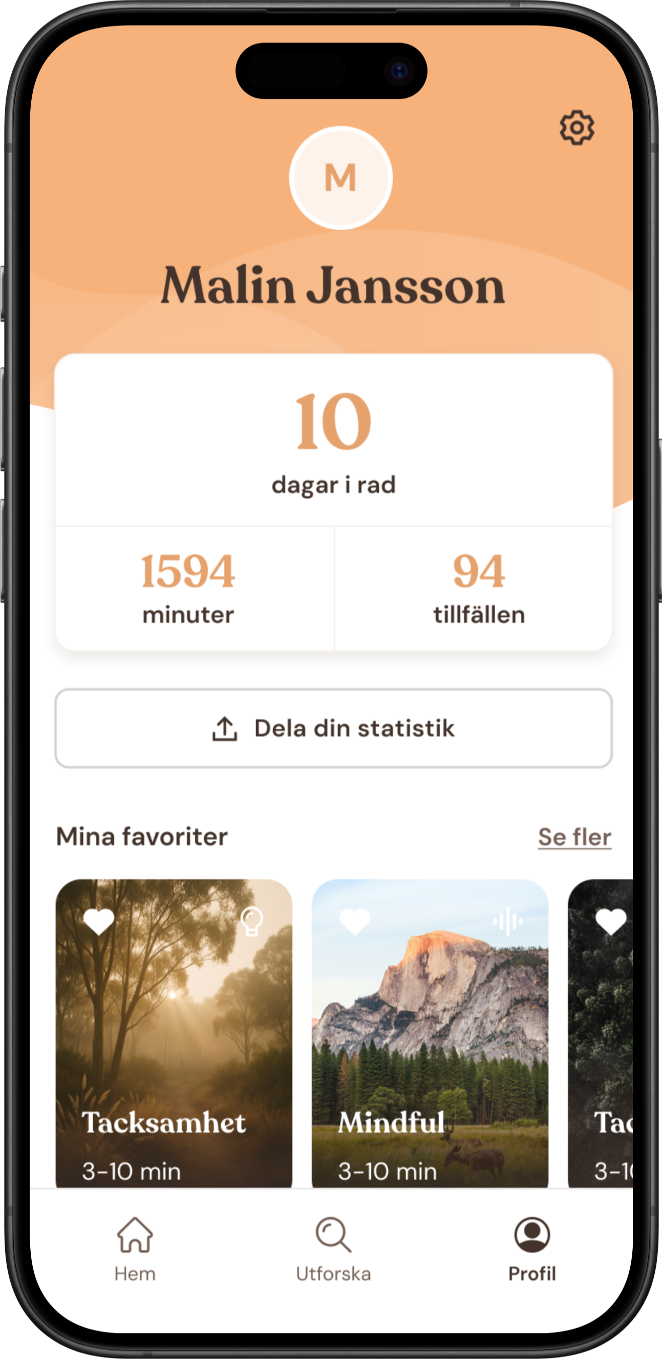 Mobile app profile screen for Malin Jansson with statistics showing 10 consecutive days, 1594 minutes, and 94 sessions. Contains sections for sharing statistics and favorite categories like Gratitude and Mindful.