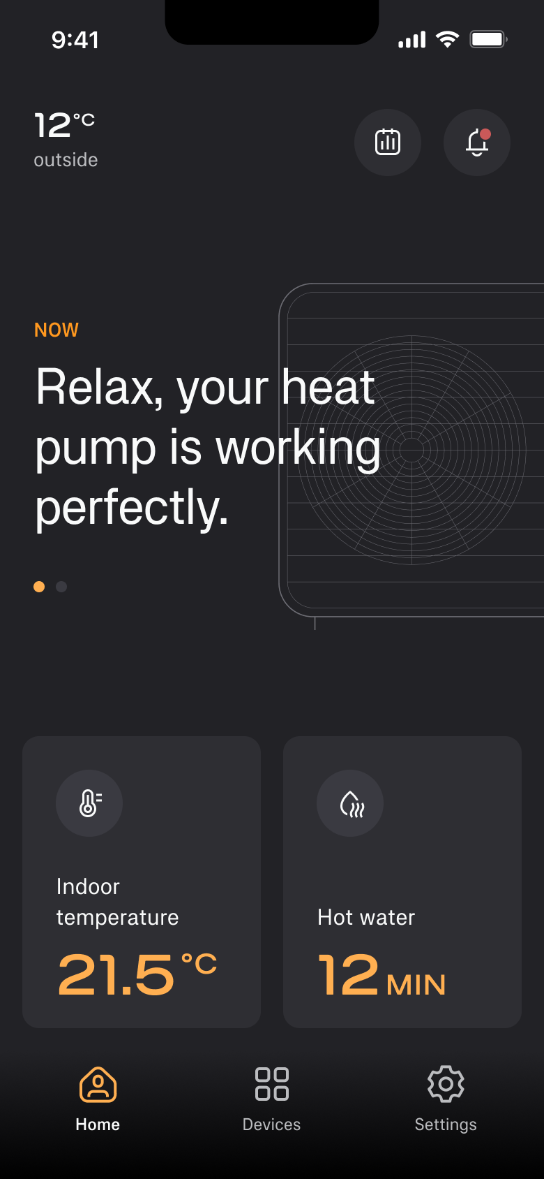 Smartphone screen displaying a home automation app with temperature and hot water settings, showing outside temperature 12°C and indoor temperature 21.5°C, indicating the heat pump is functioning well.