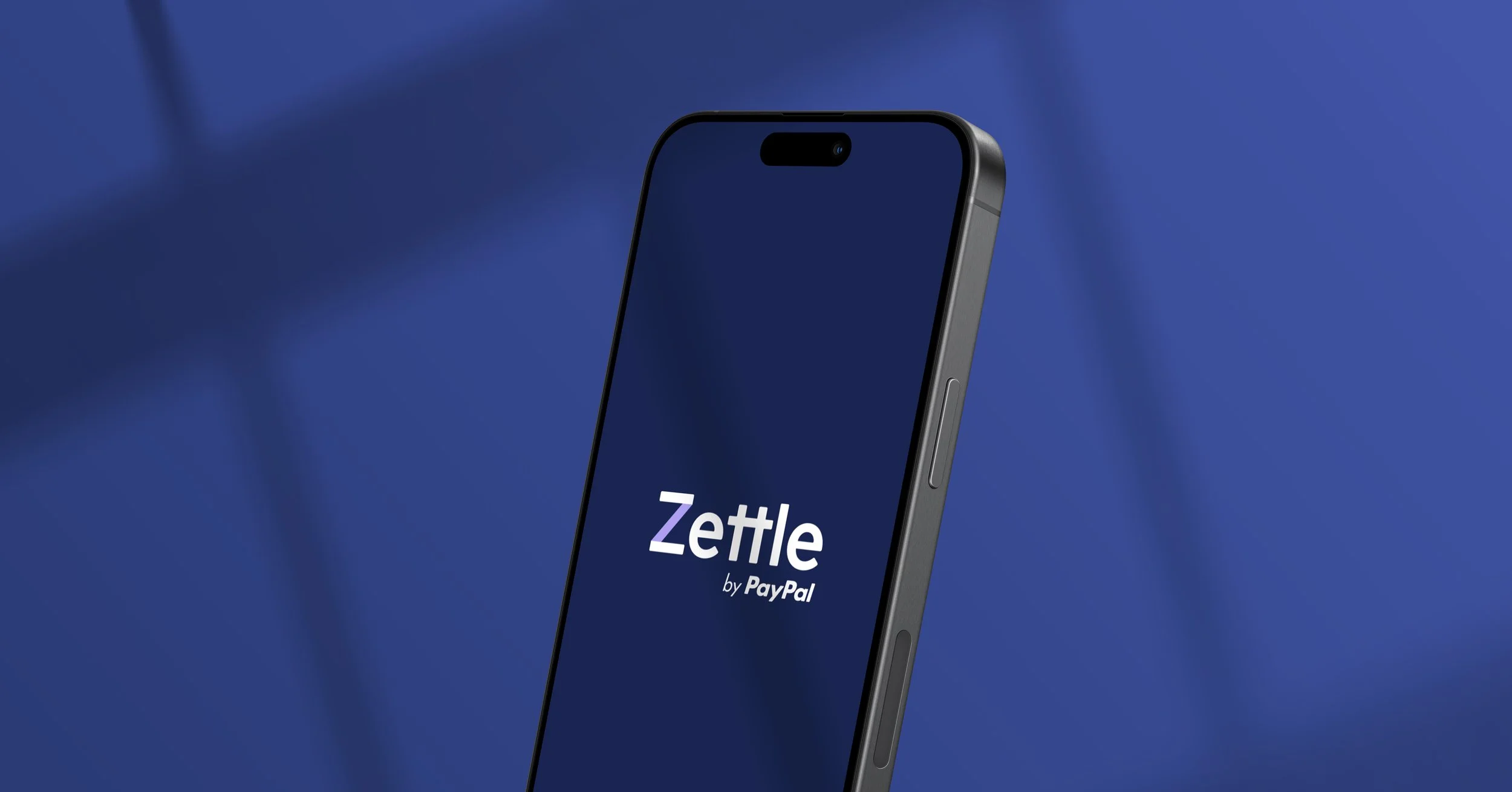 Smartphone displaying the Zettle by PayPal app logo on a blue background.