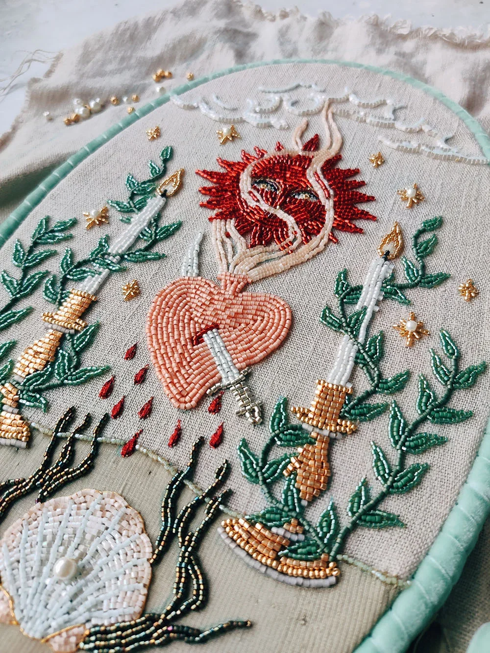 Ritual Bead Embroidery with Sun Face, Sacred Heart and Candles