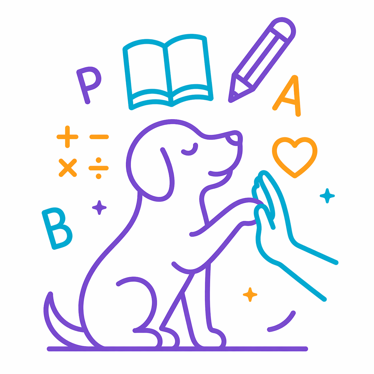 Illustration d'un chien levant la patte, entouré de symboles éducatifs comme une livre, un crayon, des lettres, des chiffres, un cœur et des étoiles, en style dessin linéaire coloré.
Zoothérapie, Clinique Passerelle des mots, orthopédagogue,