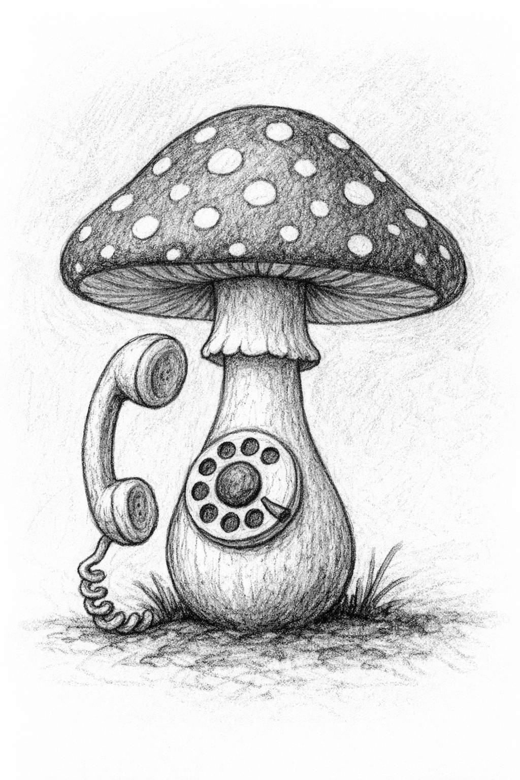 Charcoal drawing of a mushroom shaped rotary telephone