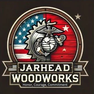 Logo for Jarhead Woodworks featuring a military emblem with a globe, eagle, and anchor, with an American flag background and the words "Honor, Courage, Commitment."