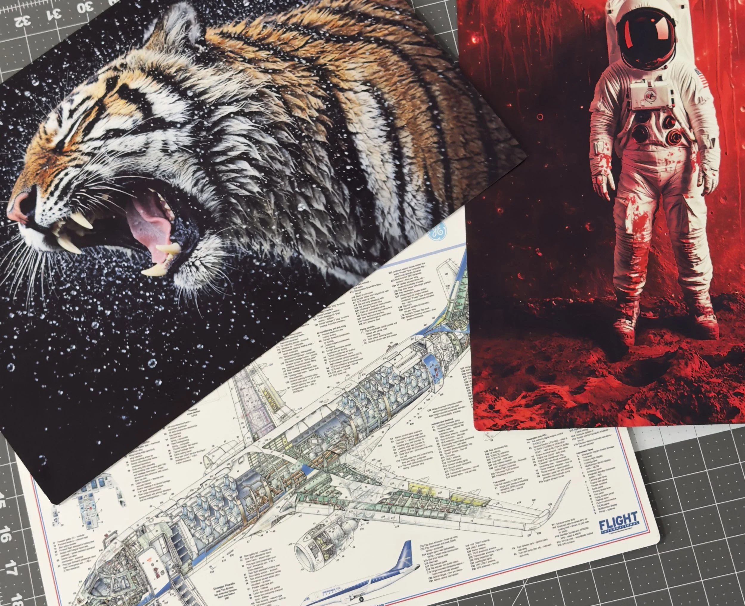 Photographs of space and wildlife, an aircraft diagram, and a space explorer costume.