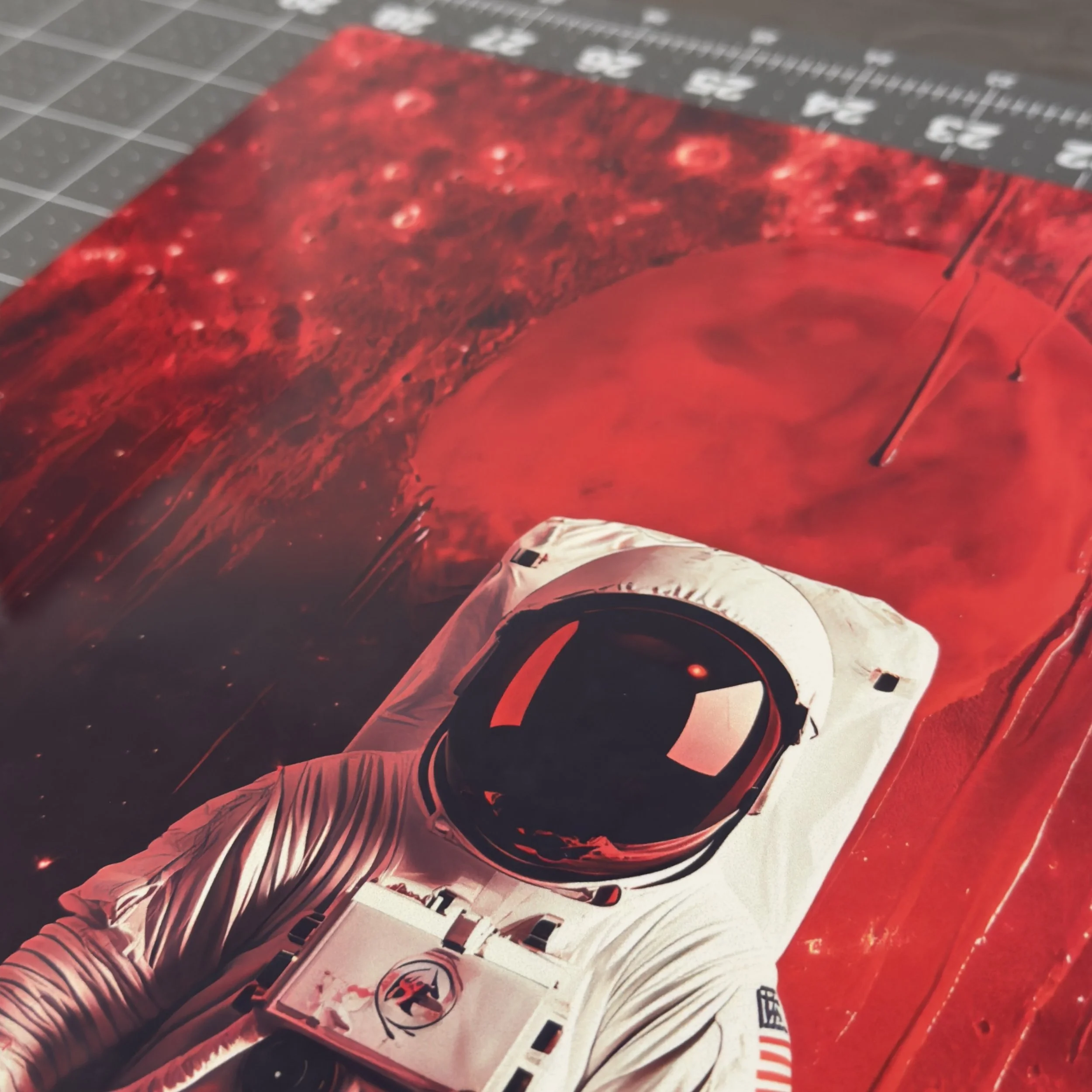 Astronaut in a suit with a helmet, set against a red background resembling a planetary surface or space scene.